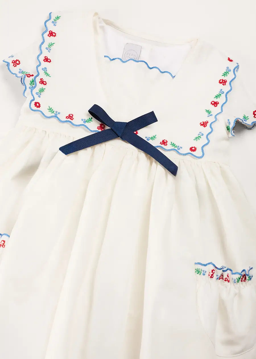 Embroidered Mariner Collar Short Sleeve White Dress for Girls 12 Months to 10 Years - Perfect for Summer Outfits, Beach Vacations & Casual Wear