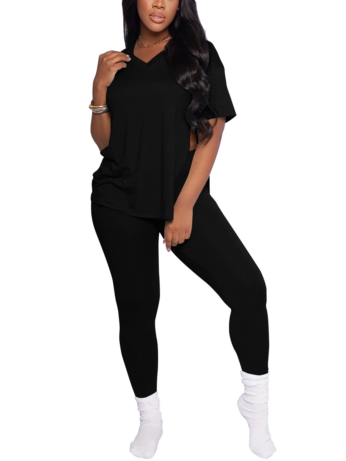 Nimsruc Women's Two Piece Jogger Sweat Suit Set - Short Sleeve Athletic Outfit for Yoga, Gym & Lounge Wear