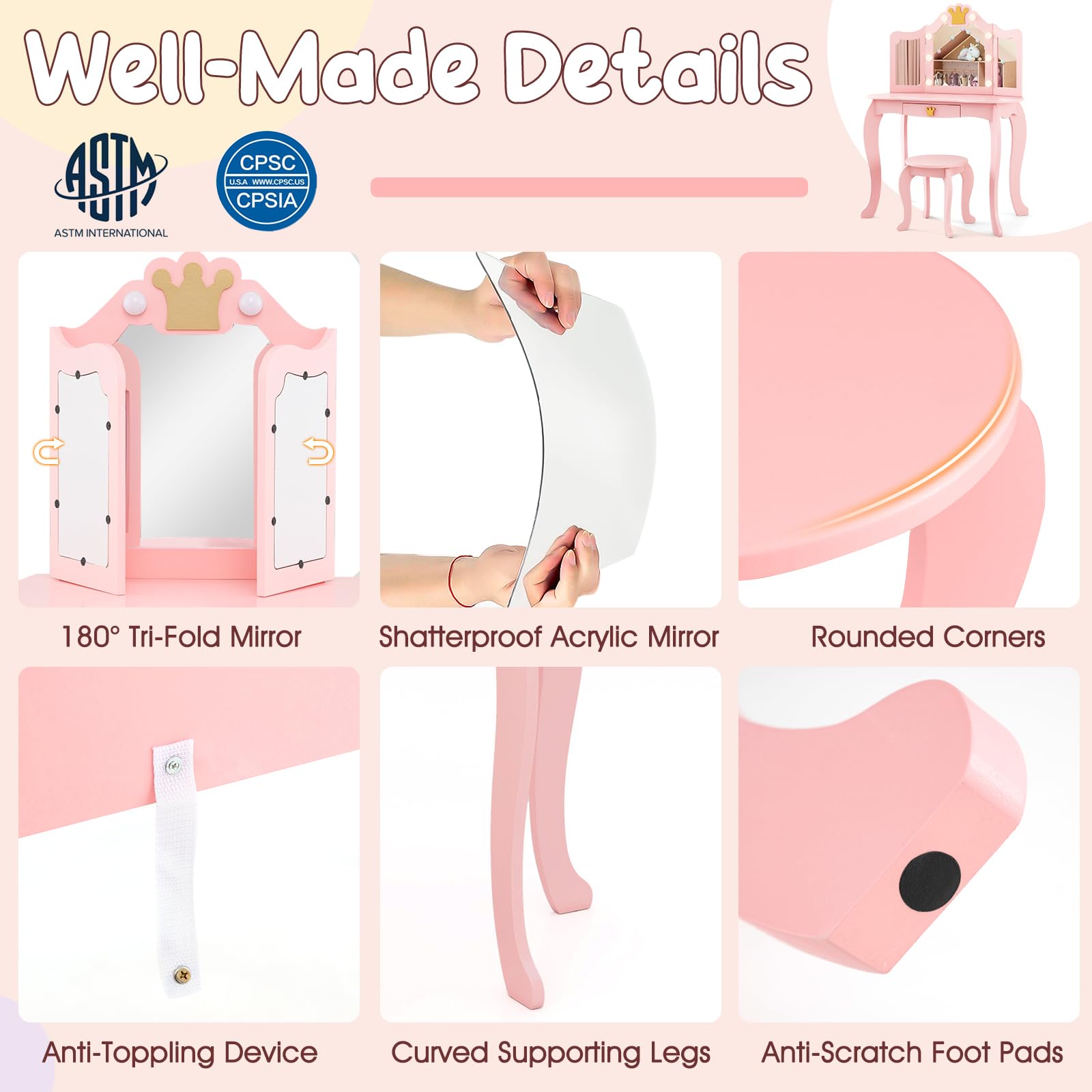 Costzon Kids Vanity Set with LED Lights & Stool - Pink Princess Makeup Dressing Table with Mirror, Drawers & Chair for Girls - Toddler Pretend Play, Birthday Gift & Bedroom Decor (Pink)