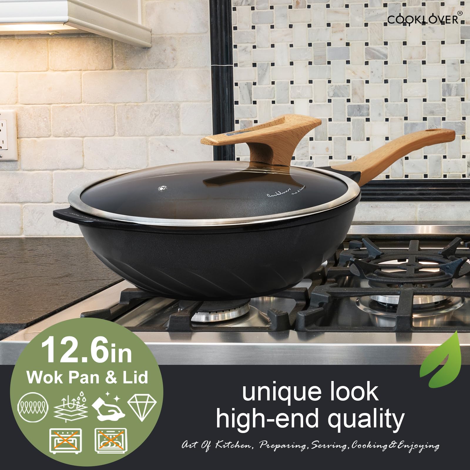 COOKLOVER 12.6 Inch Nonstick Wok Pan - Die-Cast Aluminum Stir Fry Pan with Lid, PFOA-Free & Scratch Resistant, Induction Compatible for Healthy Cooking | Perfect for Asian Stir Fry, Sautéing & Home Kitchen Use