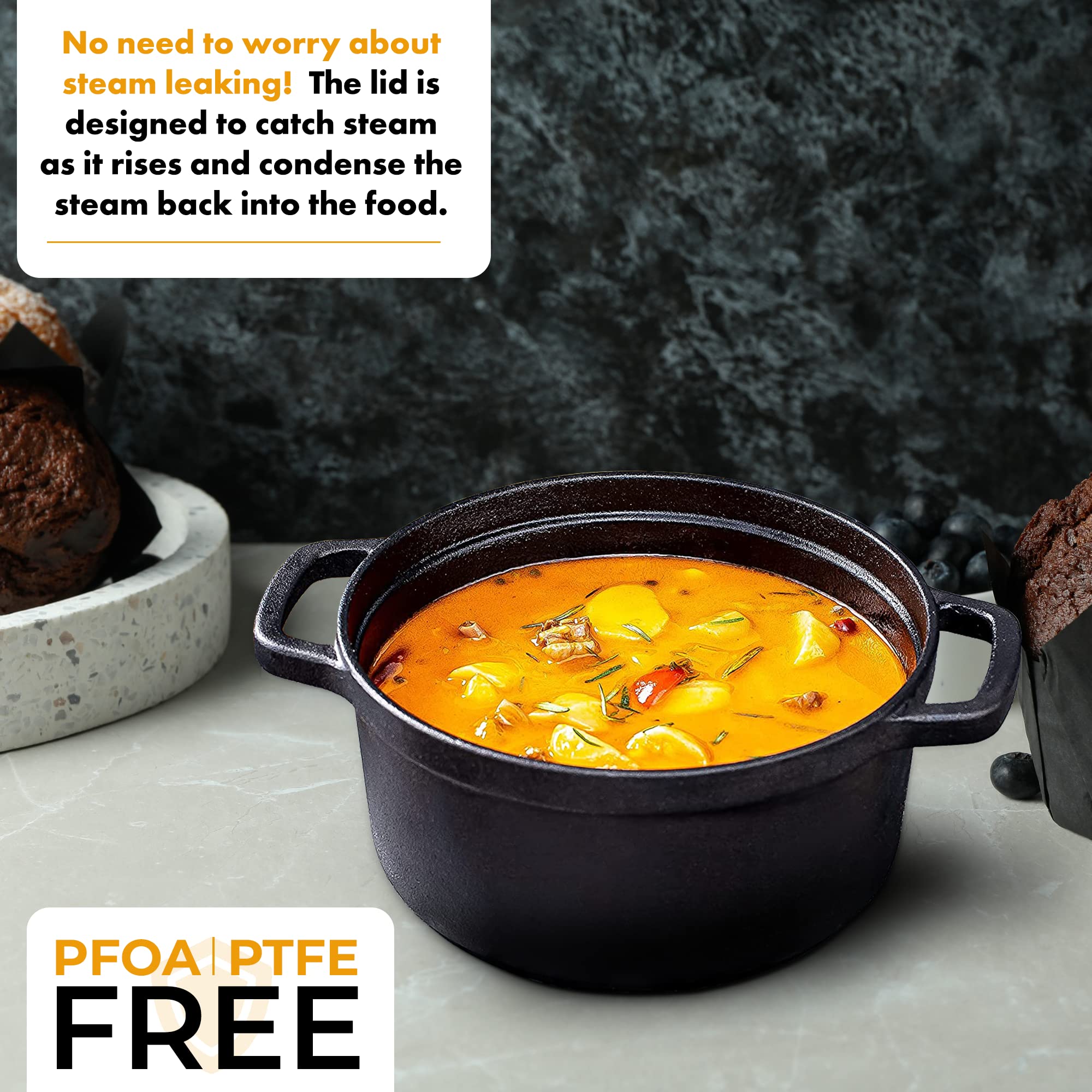 Bruntmor 5.2 Quart Pre-Seasoned Cast Iron Dutch Oven with Lid - Black Cast Iron Skillet for Casseroles, Braising, Baking & Roasting - Induction Compatible Cookware - Perfect for Camping, Home Cooking & Outdoor BBQ