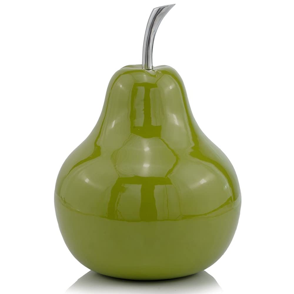 Modern Pear Sculpture Decor - XL Green Pear with Silver Stem, 11