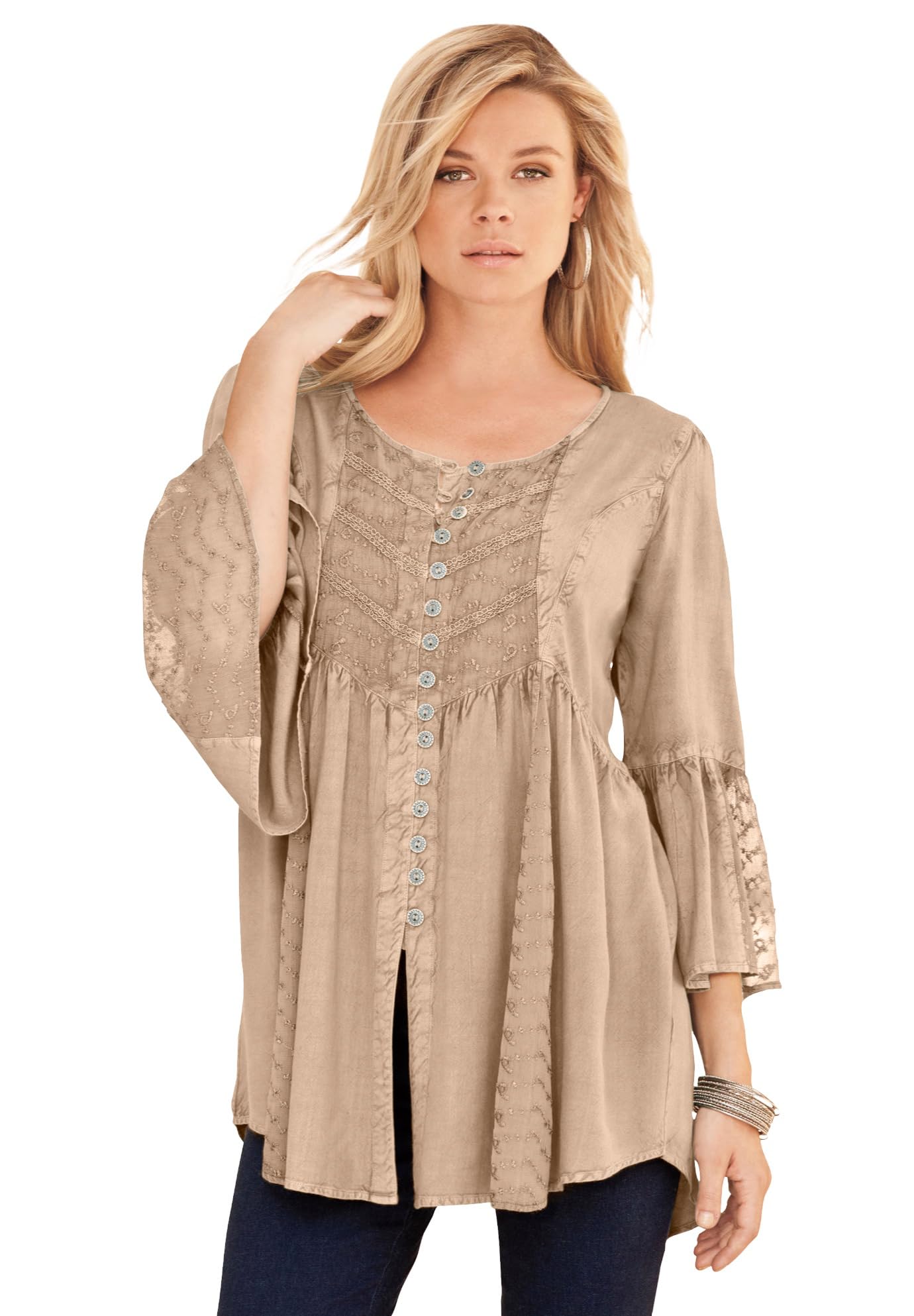Roaman's Women's Plus Size Taylor Acid Wash Denim Shirt - Oversized Casual Button Down Top for Work, Travel & Everyday Wear