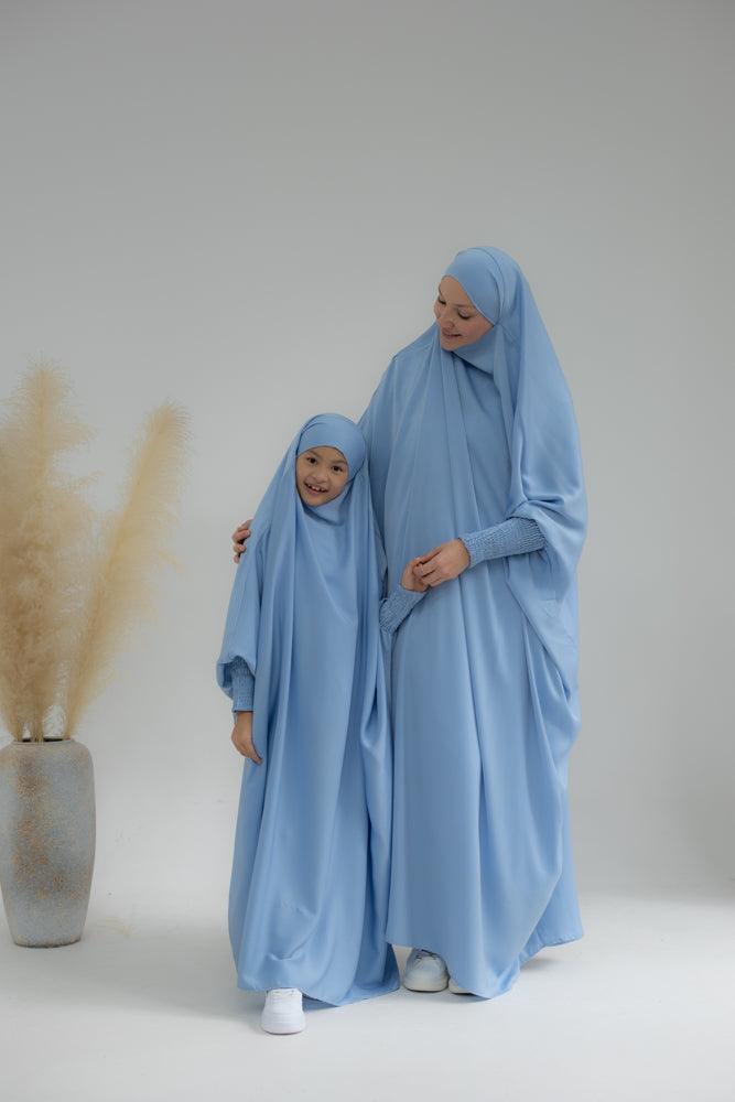 Little Gretaah Khimar Style Prayer Gown for Kids - Sky Blue with Ribbed Sleeve Cuffs | Perfect for Islamic Prayer, Eid Celebrations & Modest Dress