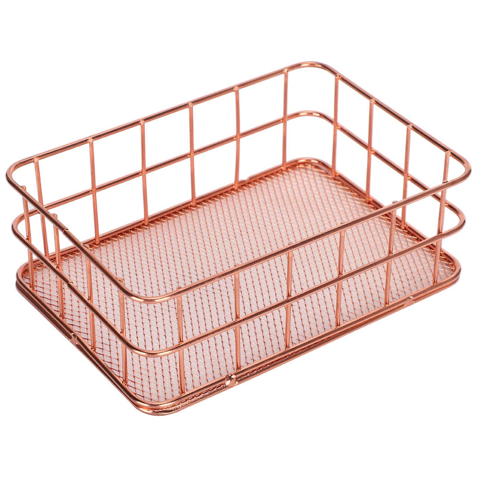 Rose Gold Wire Storage Basket - 4.6x6.7x2.3 Inch Metal Organizer for Desktop, Pantry & Cabinet | Kitchen Storage Solution for Utensils, Spices & Office Supplies