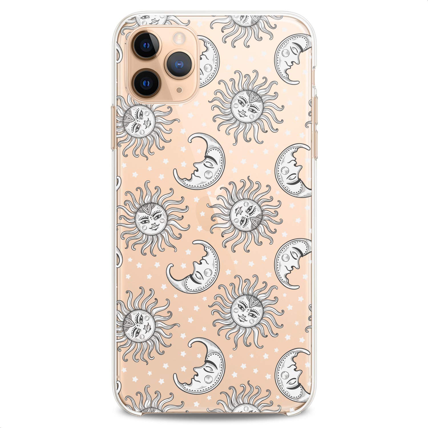 Premium TPU Phone Case for iPhone 16/15/14/13/12/11 Pro Max/Plus/Mini/Xs/Xr/X/8+/7/6/5/SE - Slim Clear Silicone Cover with Cute Celestial Space Stars Moon Sun White Print Design - Perfect for Everyday Protection & Stylish Accessory