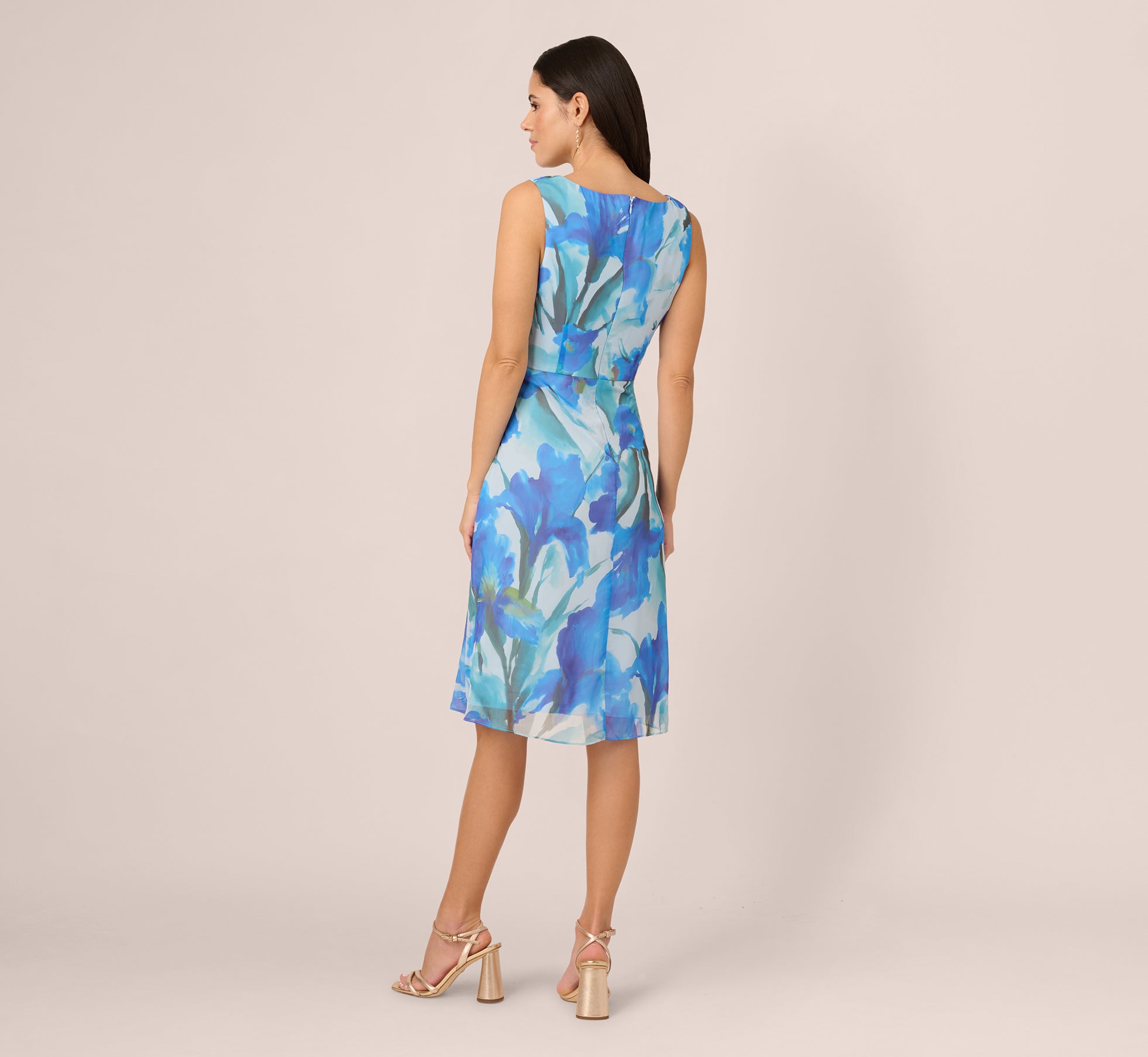Elegant Sleeveless Floral Chiffon Midi Dress - Blue Multi Color Summer Beach Wedding Party Cocktail Attire