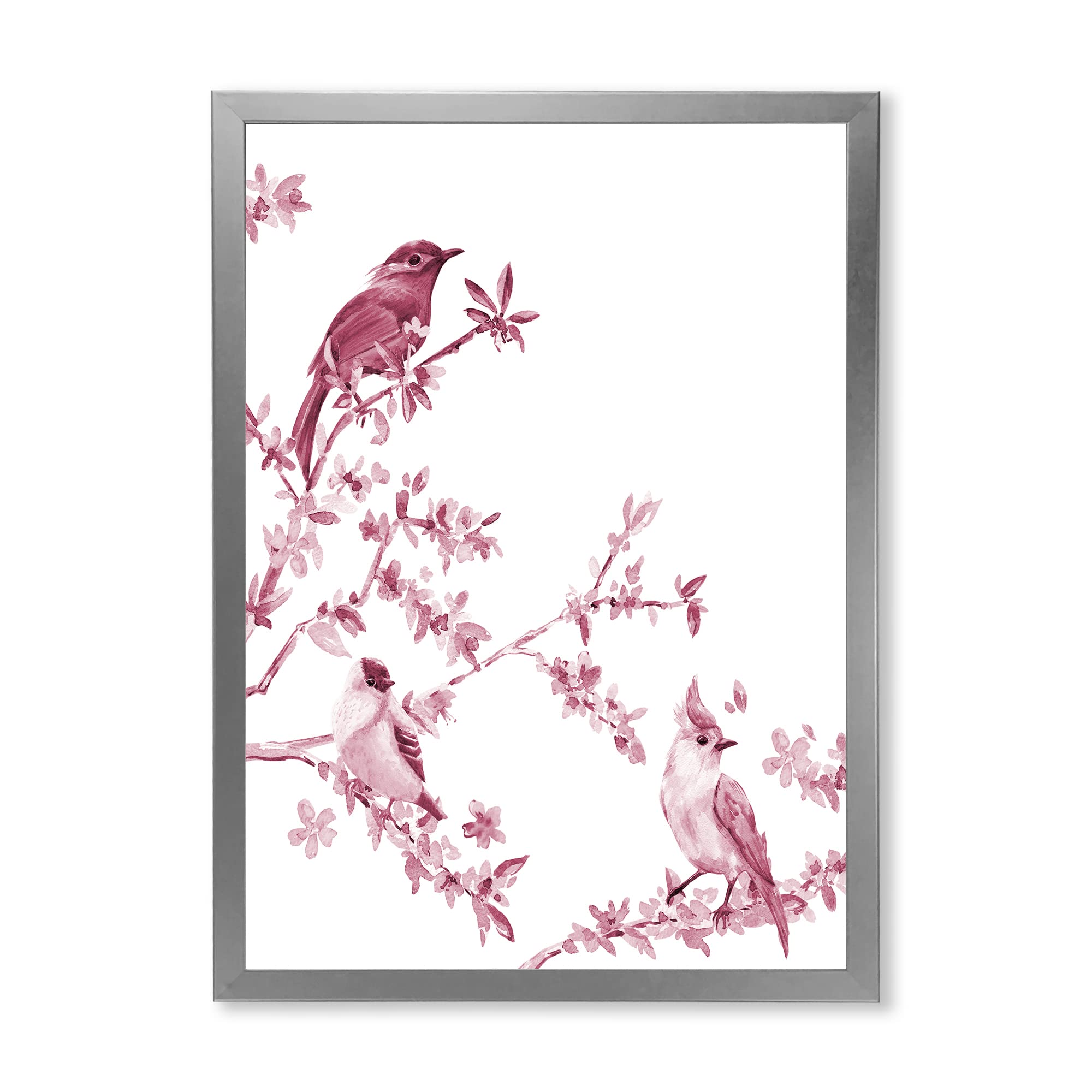 DesignQ Beautiful Pink Birds Traditional Framed Wall Art - Vintage Floral Bird Painting for Living Room, Bedroom & Office Decor