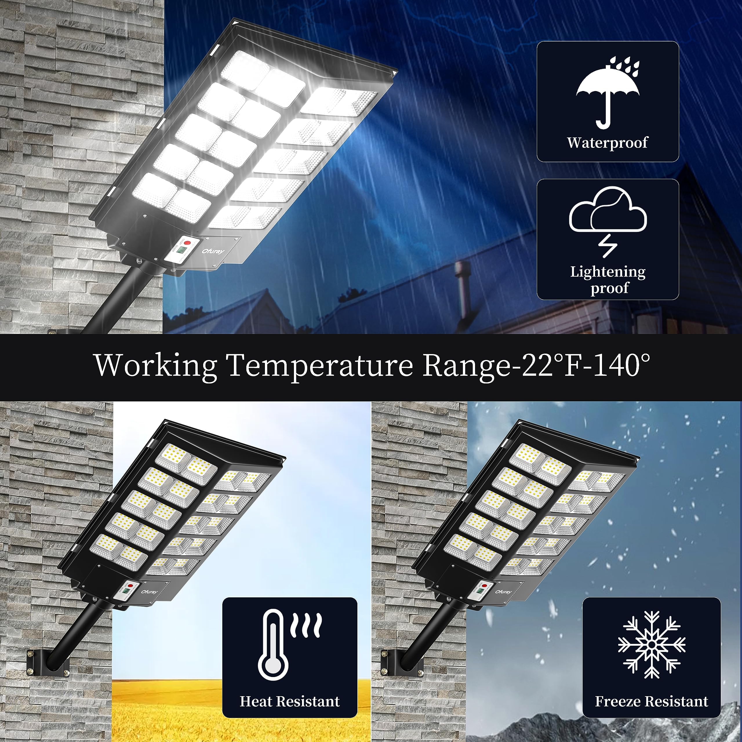 Ofuray OF-5200W 520000LM Solar Powered Outdoor LED Street Lights - IP67 Waterproof, 6500K Daylight White, Remote Control - Perfect for Parking Lots, Commercial Areas, Streets, Barns & Backyards (Dusk to Dawn Security Lighting)