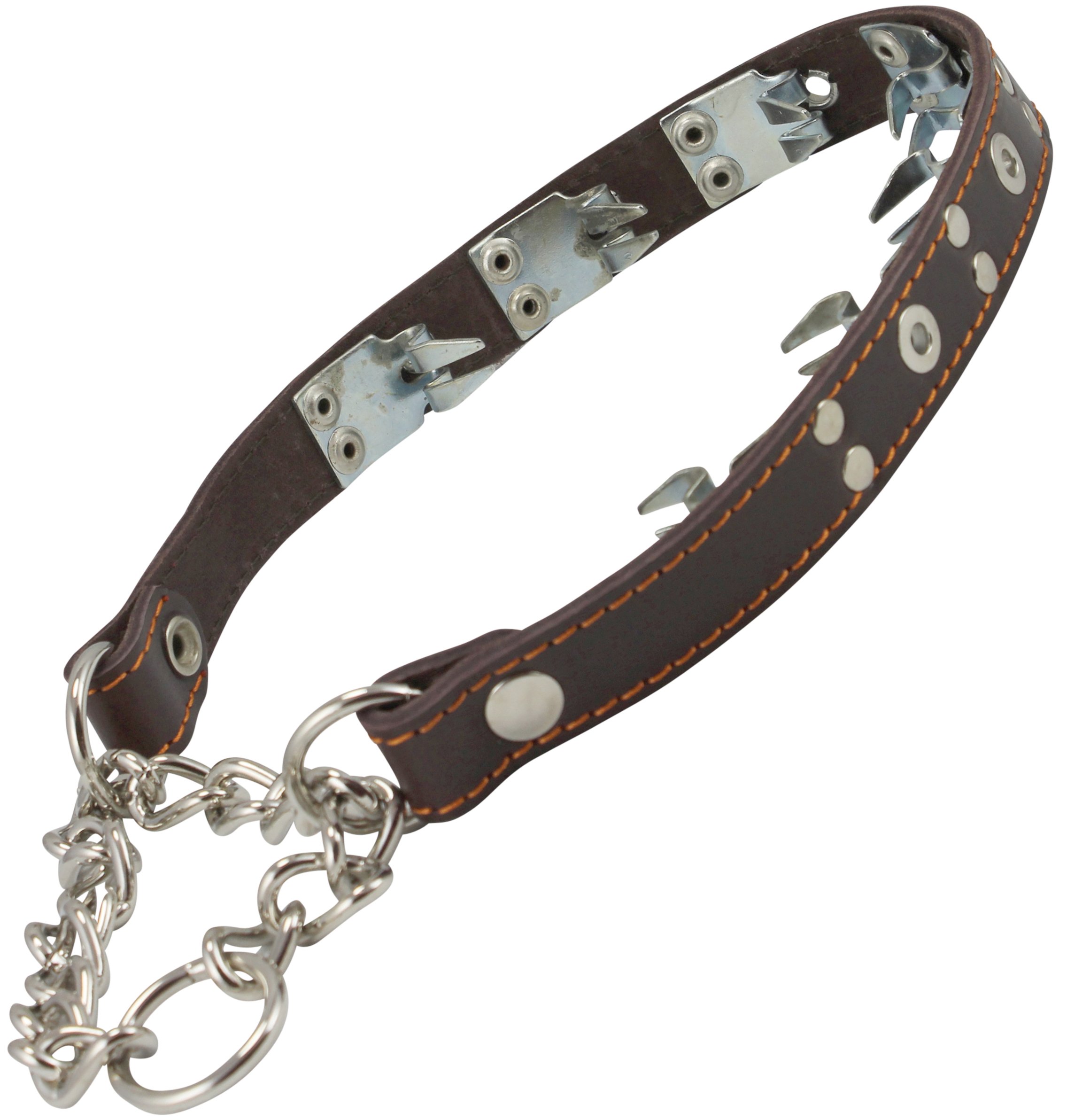 Genuine Leather Studded Martingale Dog Collar for Training - 4mm Link, Brown, 3 Sizes (17.5