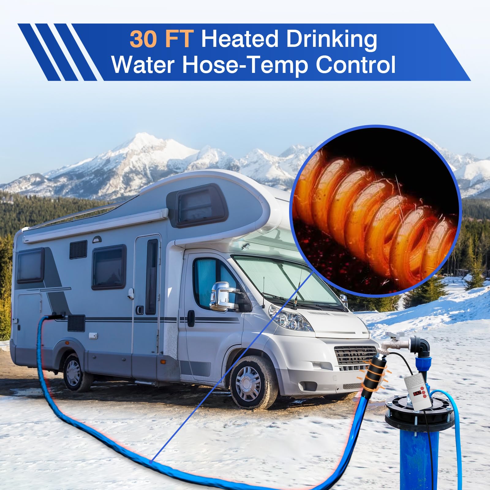 30FT RV Heated Drinking Water Hose with Temperature Control - Freeze Protection Down to -40°F/-40°C, Electric Heated Water Hose for RV, Camping, Boat & Winter Outdoor Use - Perfect for Cold Weather Camping, Boating & RV Travel