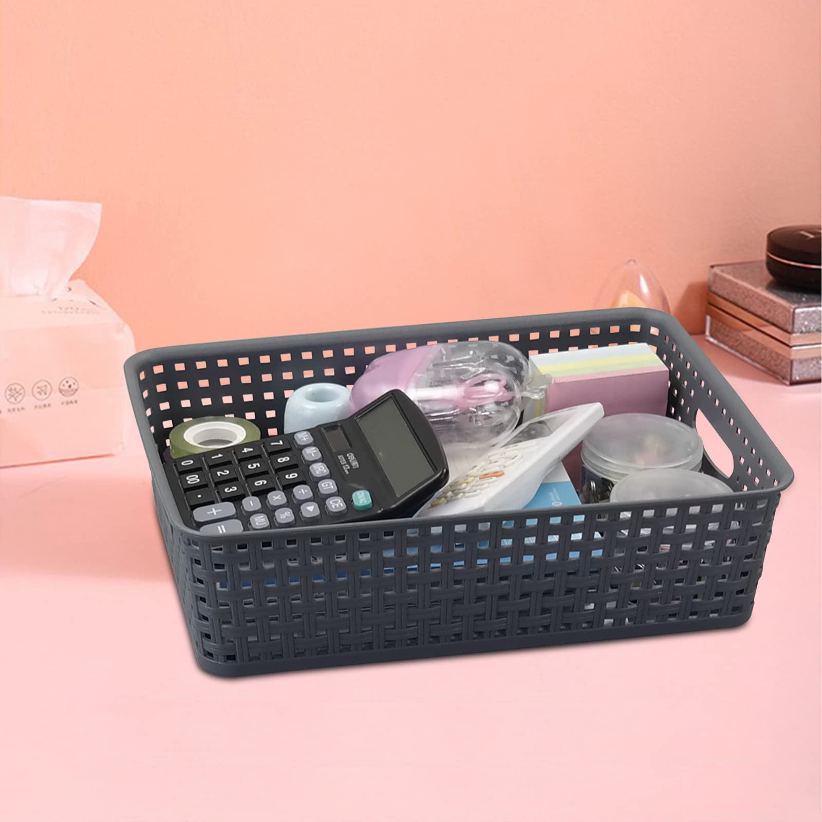 4-Pack Gray Plastic Storage Baskets & Shallow Trays - Organize Paper, Office Supplies & Household Items - Perfect for Desks, Shelves & Bathroom Organization