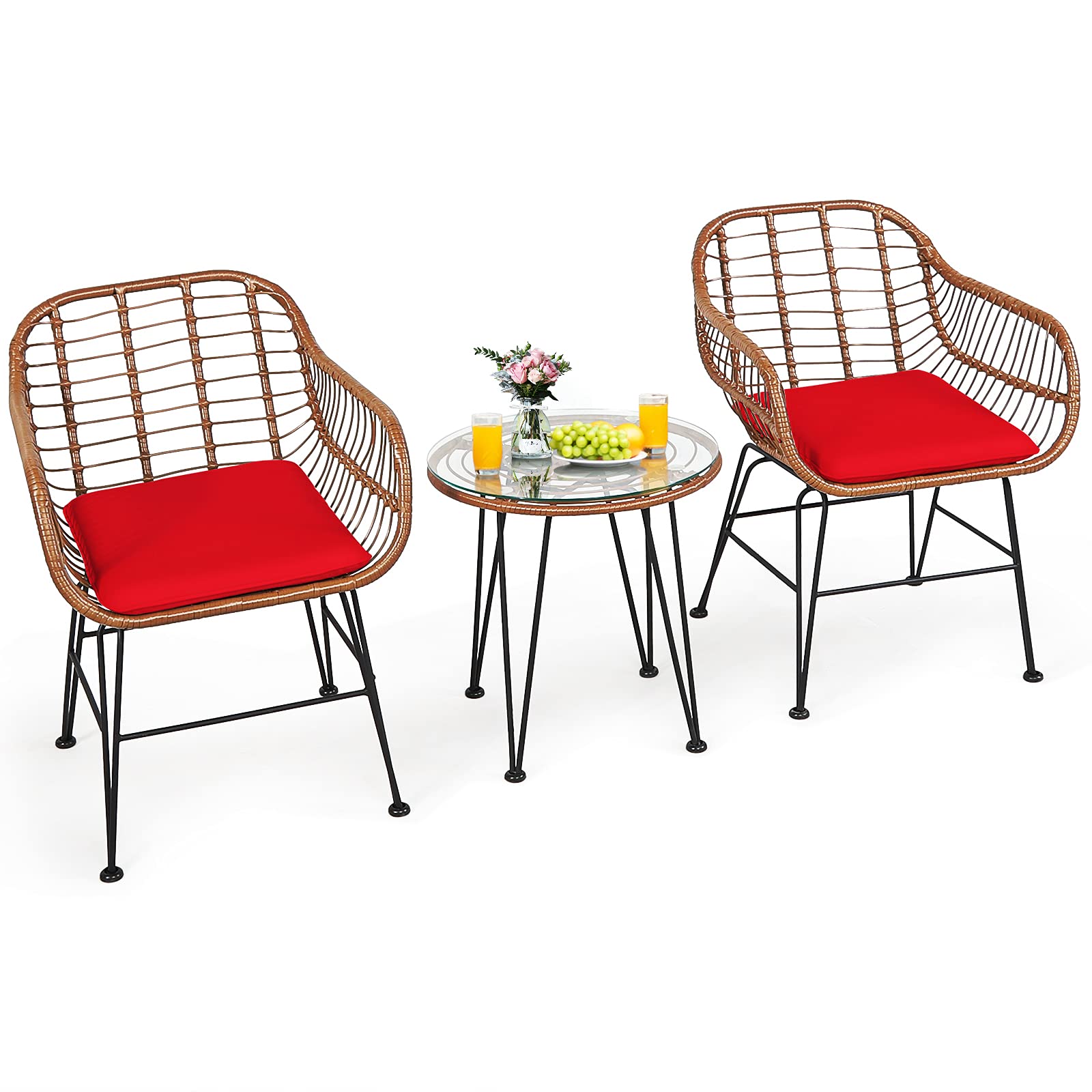 Tangkula 3-Piece Patio Conversation Set - Outdoor Wicker Furniture with Round Tempered Glass Table & 2 Rattan Chairs, Bistro Set with Cushions for Porch, Backyard, Garden, Deck or Poolside Relaxation