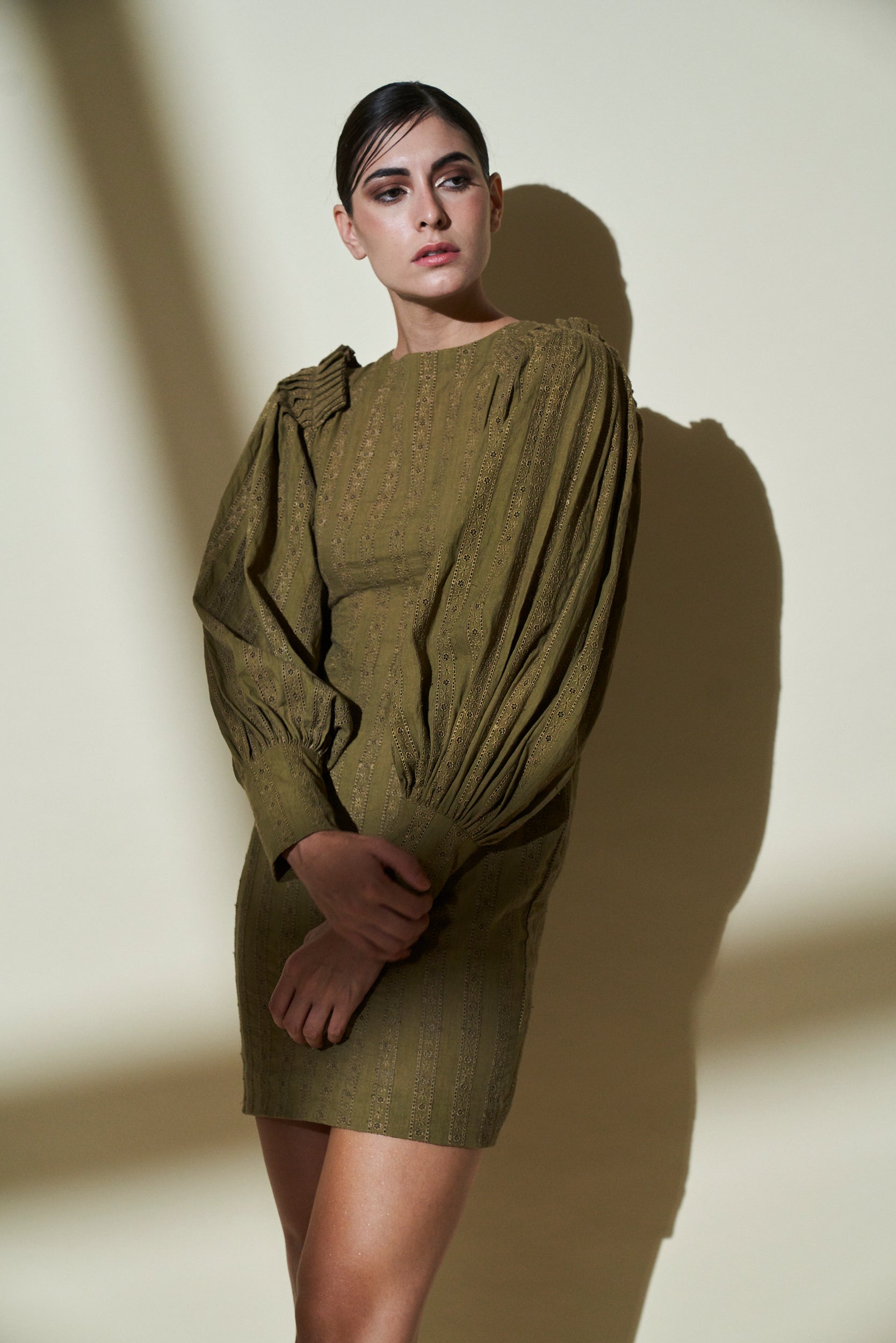 Eco-Friendly Green Cotton Short Dress with Pleated Sleeves - Perfect for Summer Outings, Beach Vacations & Casual Wear