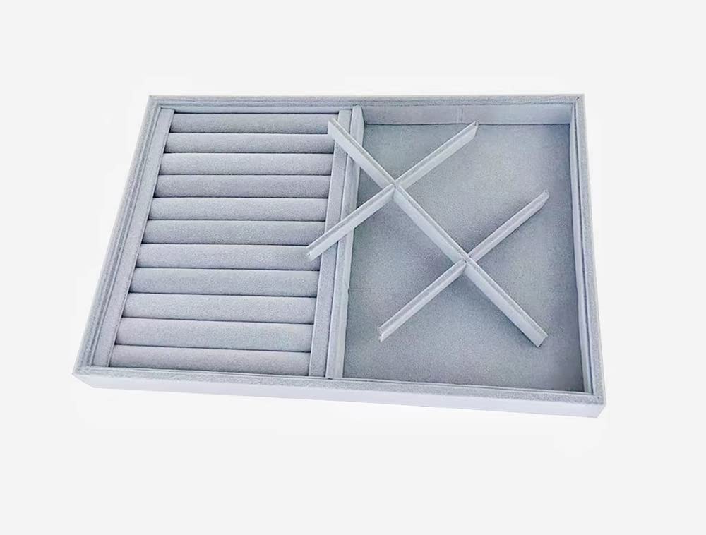 Premium Velvet Jewelry Organizer Tray - Grey Stackable Drawer Insert with Ring & 6 Grid Compartments | Perfect for Necklace, Earring & Ring Storage | Jewelry Box Organizer for Dresser, Vanity & Travel