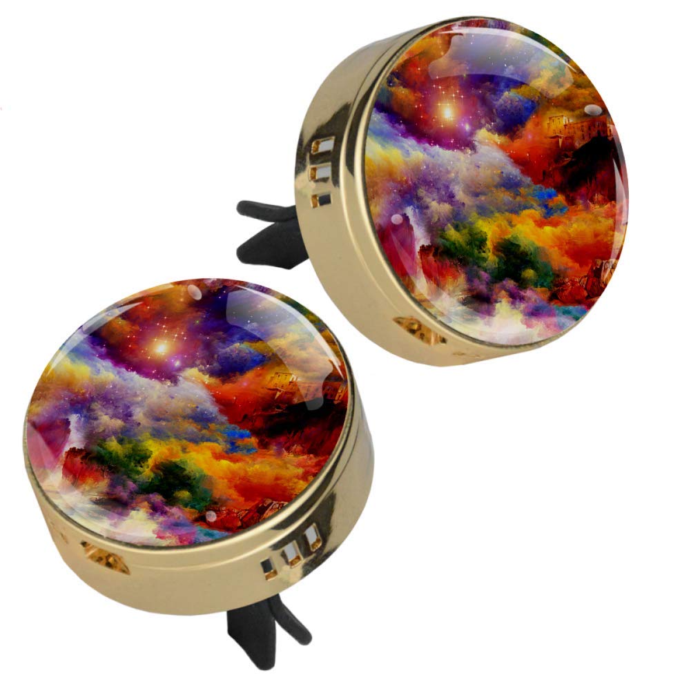 Portable Car Diffuser - Colorful Galaxy Universe Golden Vent Clip with Metal Glass Crystal 3D Display + 4 Refill Pads (Odorless) 2 Pack (1.33x1.83 Inch) - Perfect for Car, Home & Office Aromatherapy