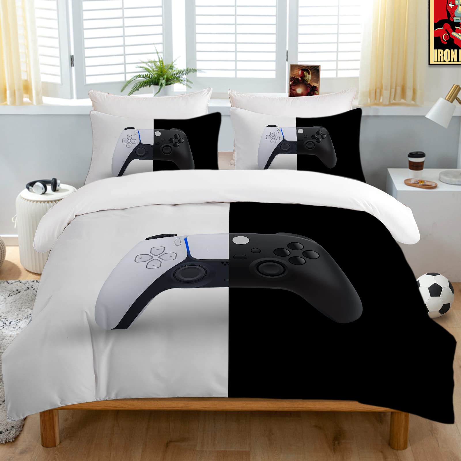 BEDMUST Boys Game Controller Duvet Cover Set - Soft White & Black Video Game Themed Bedding for PlayStation Fans, Teens & Adults (King Size, 1 Duvet Cover + 2 Pillowcases) - Perfect for Gaming Rooms & Teen Bedroom Decor