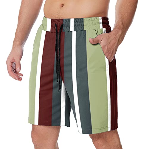 Men's Summer Casual Striped Printed Mid Waist Drawstring Shorts with Pockets - Breathable Athletic Shorts for Running, Gym & Outdoor Activities