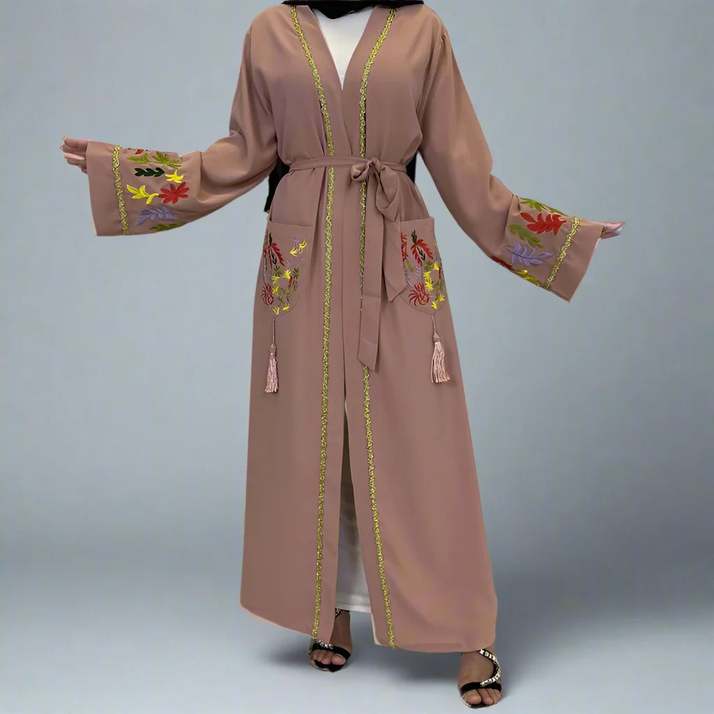 Elegant Muslim Women's Embroidery Open Abaya Dress - Modest Islamic Clothing for Prayer, Mosque & Special Occasions