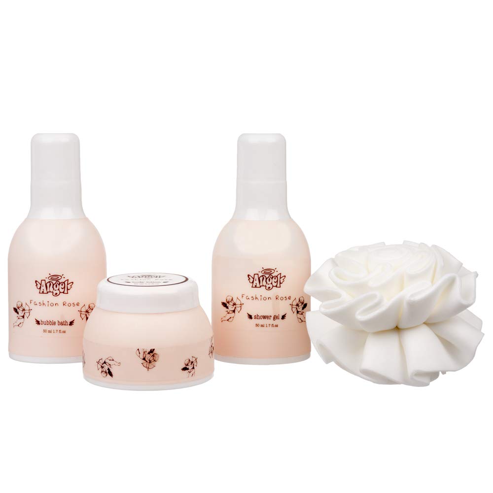 4-Piece Elegant Rose Scented Body & Bath Gift Set for Women - Shower Gel, Bubble Bath, Body Lotion & Exfoliating Eva Puff | Spa Day, Birthday Present, Mother's Day Gift, Relaxing Self-Care Set