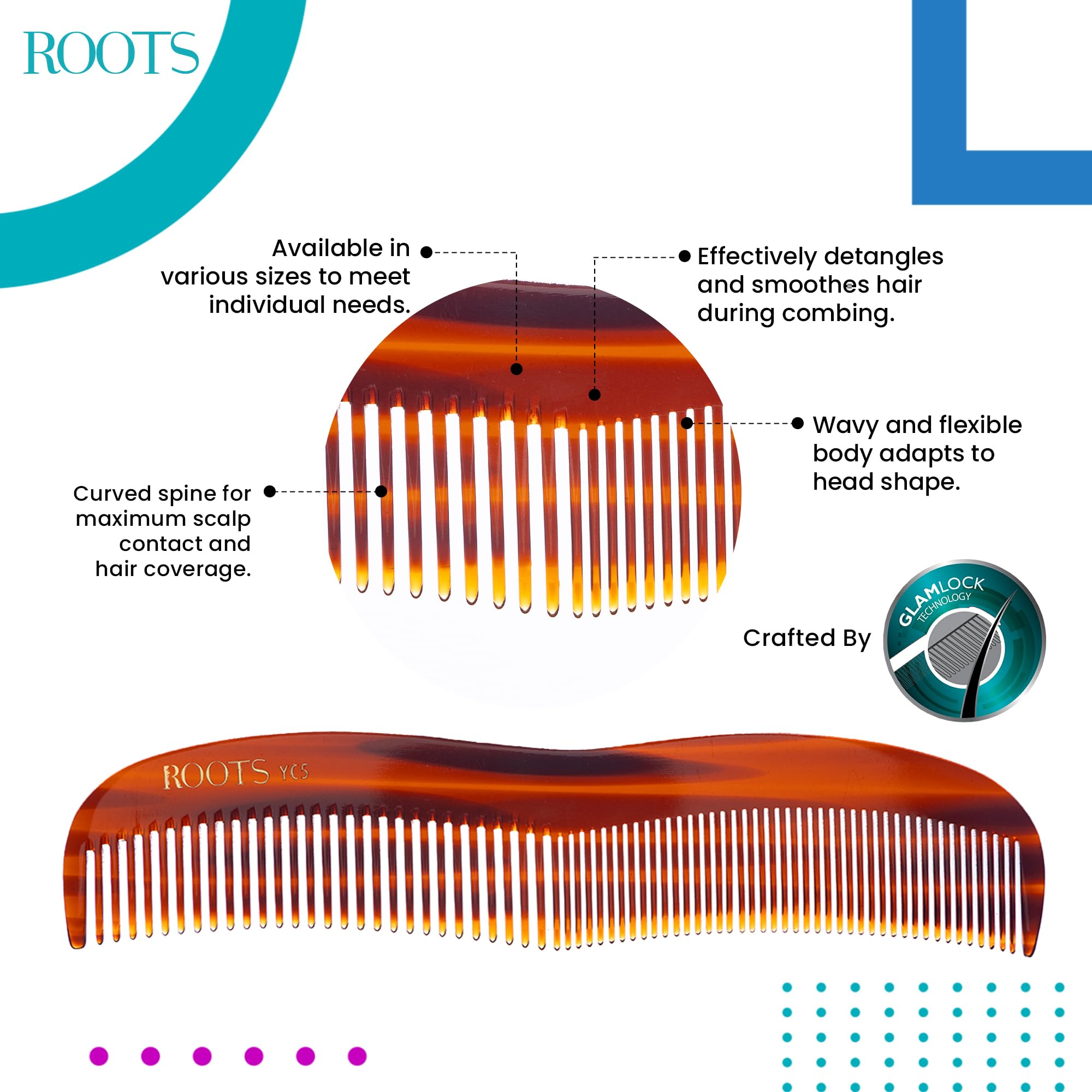 Roots Yoga Hair Comb for Men and Women - Medium Size Wavy Flexible Design with Curved Spine - Damage Free for Wet & Dry Hair - Perfect for Yoga, Travel, Gym & Everyday Use - YC5