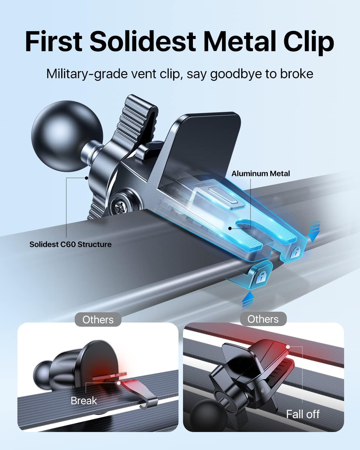 Andobil Military-Grade Car Vent Phone Holder - Ultra Secure Non-Slip Grip for iPhone 16/15/14/13/12 Pro Max & Samsung S24 (Silver) | Perfect for Road Trips, Commuting & GPS Navigation