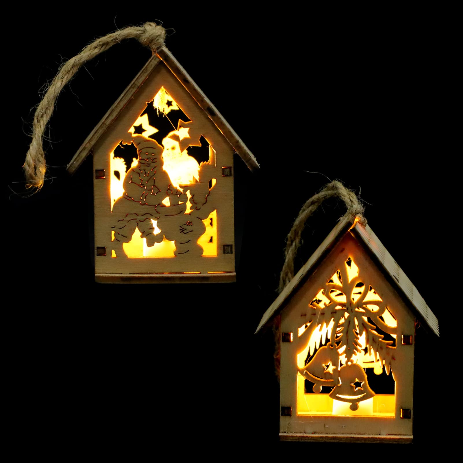 2 Pack Christmas Lighted Cottage House Pendant - Pre-Lit Xmas Village Decor with Santa Claus & Bell Design for Holiday Tree Hanging | Indoor & Outdoor Festive Home Decoration, Party, Gift Giving