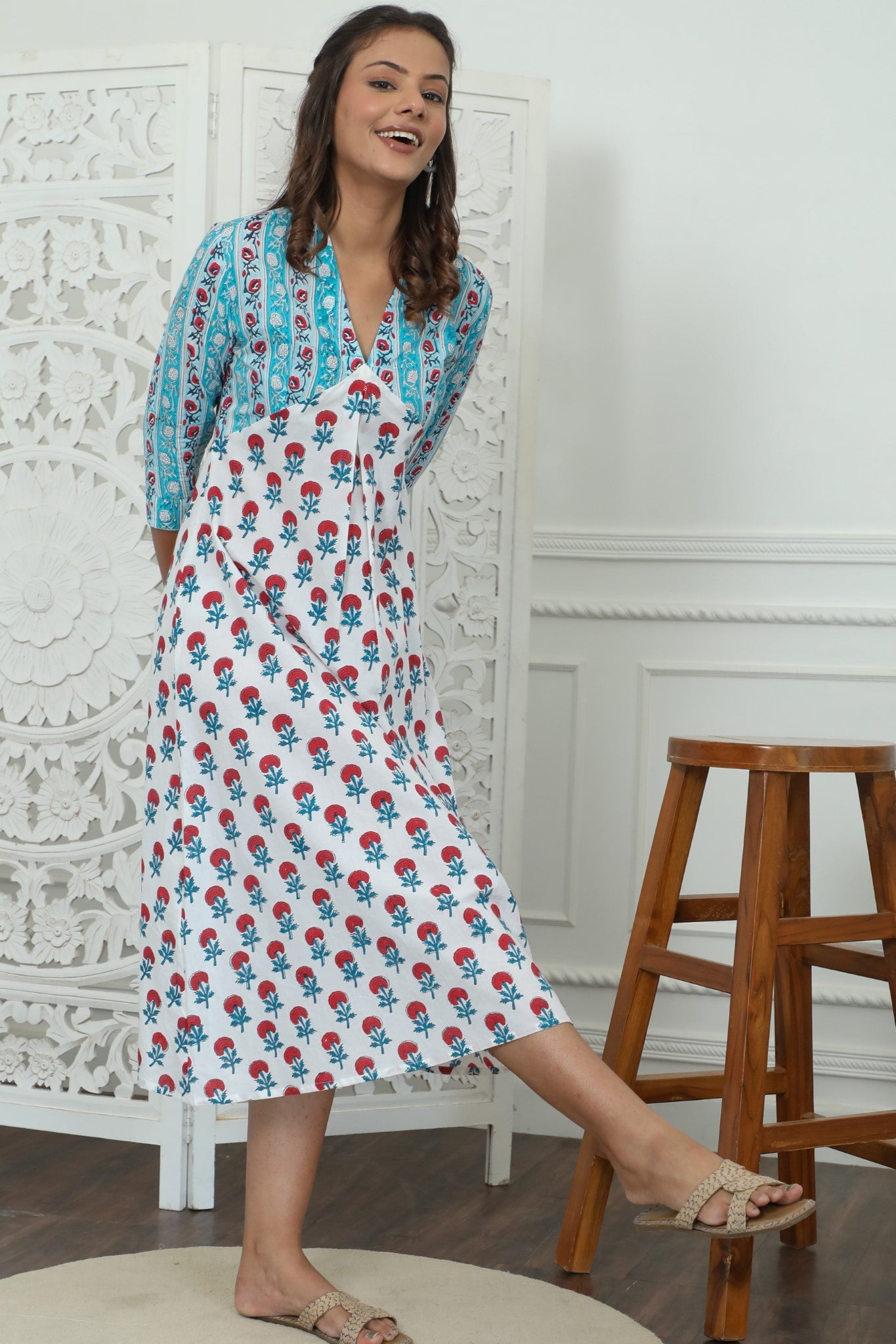 Floralia Azofree Handblock Printed Pure Cotton Dress - Breathable & Comfortable for Summer, Casual Outings & Boho Fashion