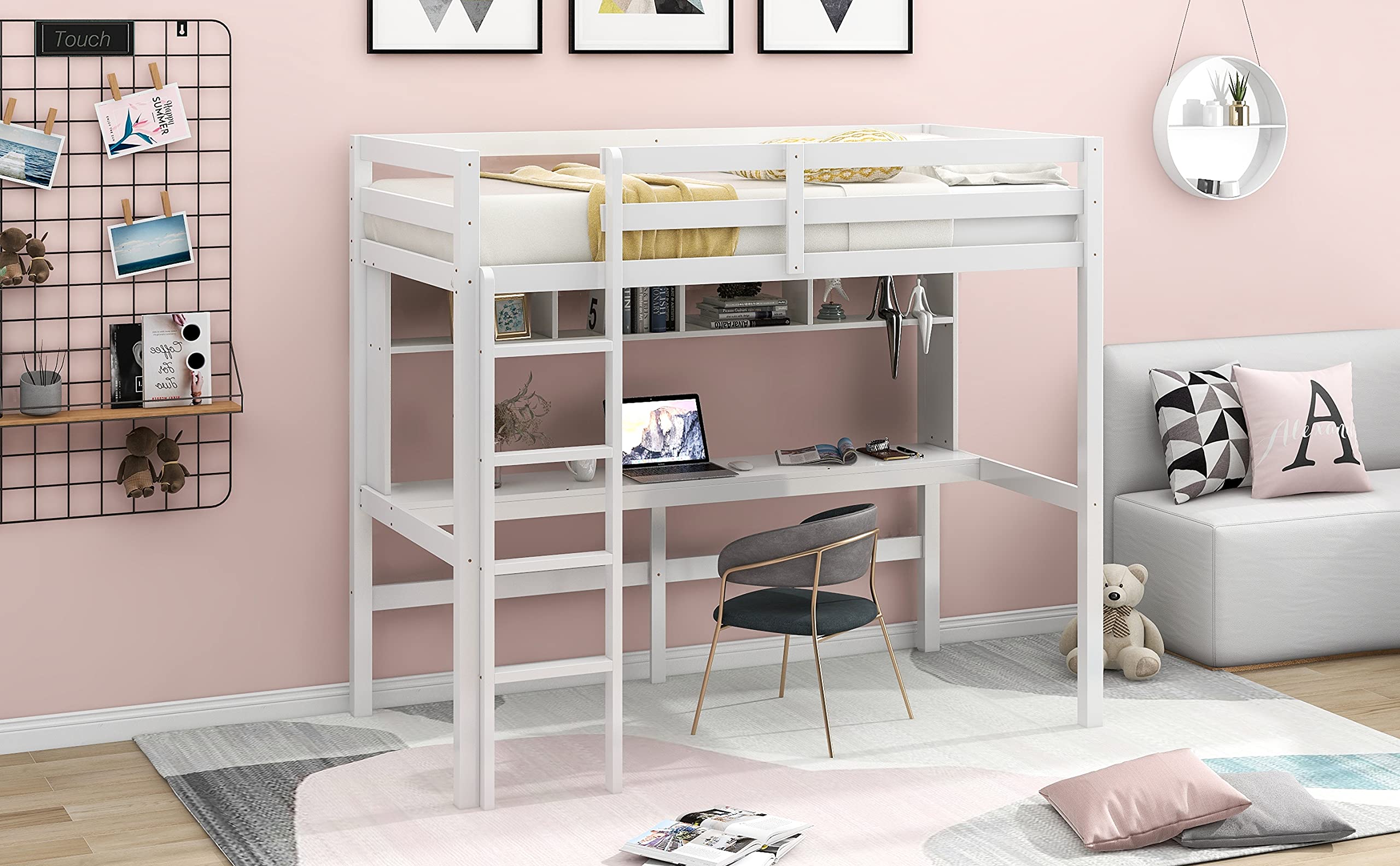 **Wooden Loft Bed Frame with Storage Shelves & Under-Bed Desk - Full-Length Guardrail & Built-in Ladder - Twin Size, White - Perfect for Kids, Teens & Adults - Space-Saving Bedroom, Dorm, or Studio Apartment Solution**