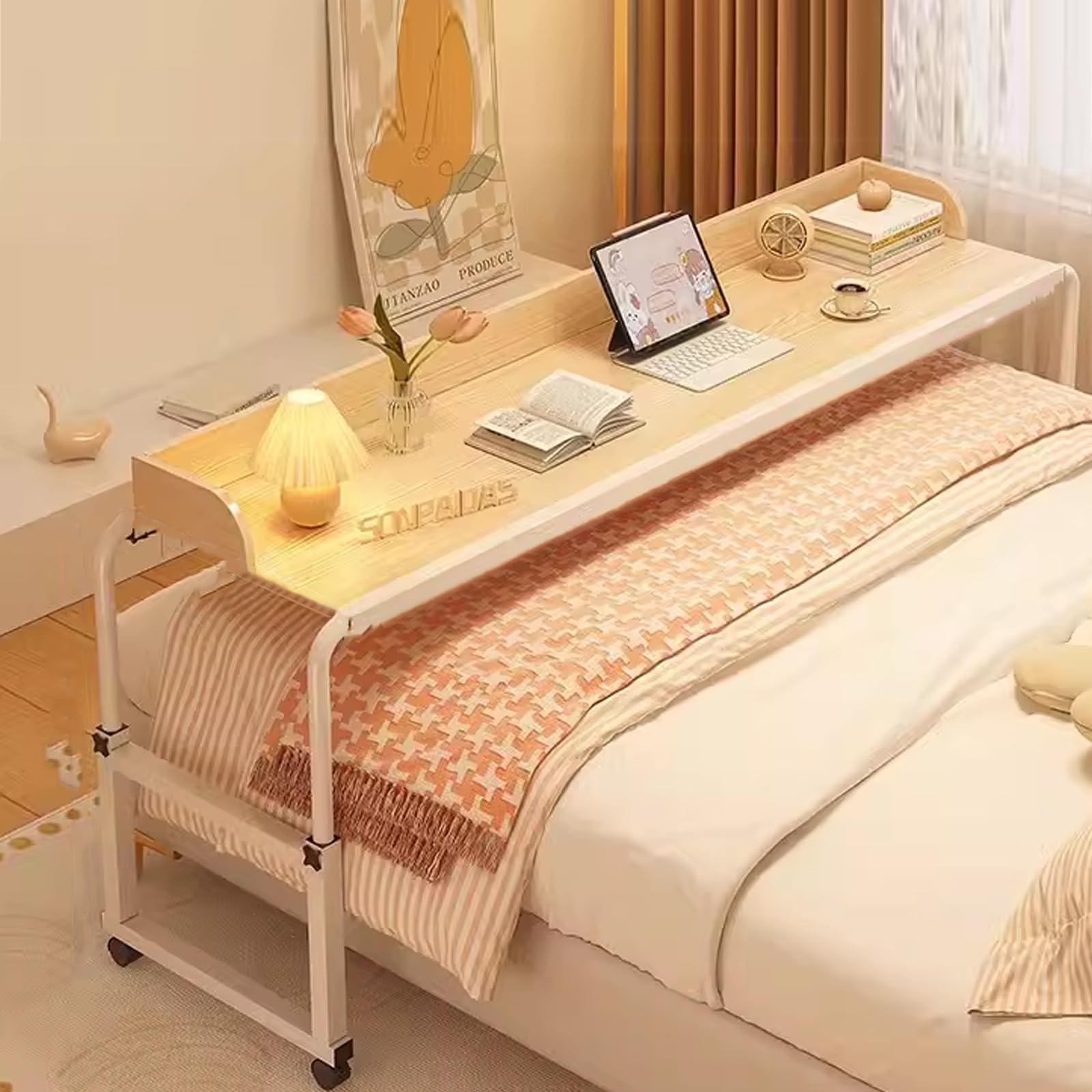Adjustable Overbed Table with Wheels - King Size Rolling Tray Desk for Laptop, Writing, and Dining - Wooden Overbed Desk for Living Room, Bedroom, and Hospital Use
