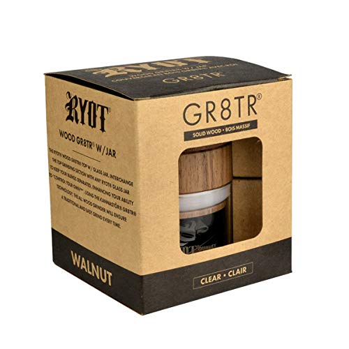 RYOT Wood GR8TR Herb Grinder - Premium Beech Top & Clear Jar | Matte Black & Walnut Options | Perfect for Kitchen, Camping & Travel Use