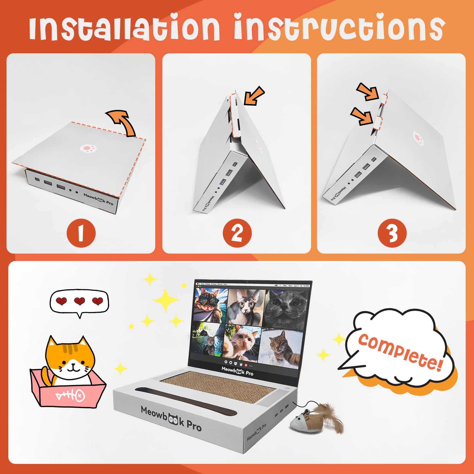 3-in-1 Interactive Cat Toy with Scratching Pad, Jingle Ball & Stickers - Durable Cardboard Laptop Design for Kittens & Adult Cats - Perfect for Playtime, Training & Stress Relief