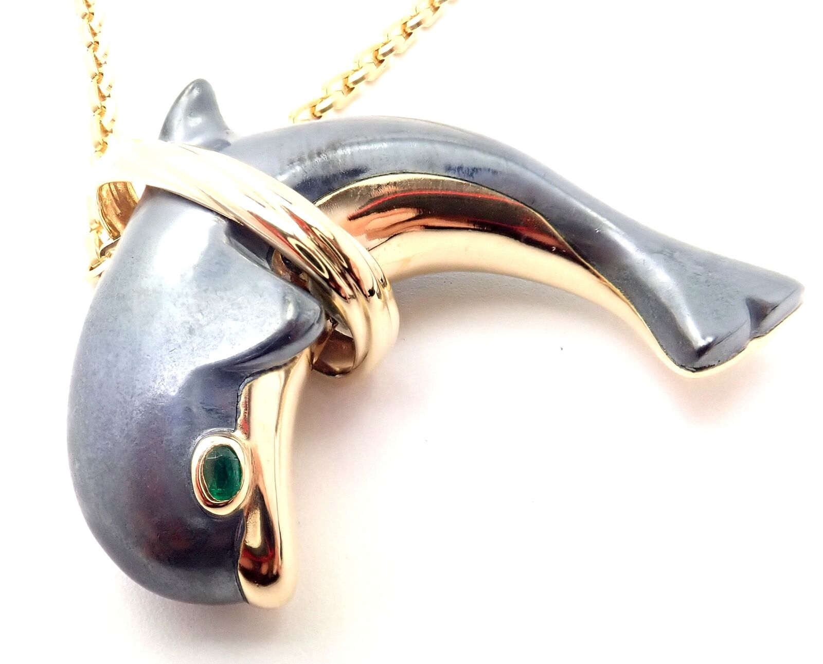 Authentic Cartier 18k Yellow Gold Hematite Dolphin Pendant Necklace - Luxury Jewelry Gift for Women, Perfect for Anniversary, Birthday & Special Occasions