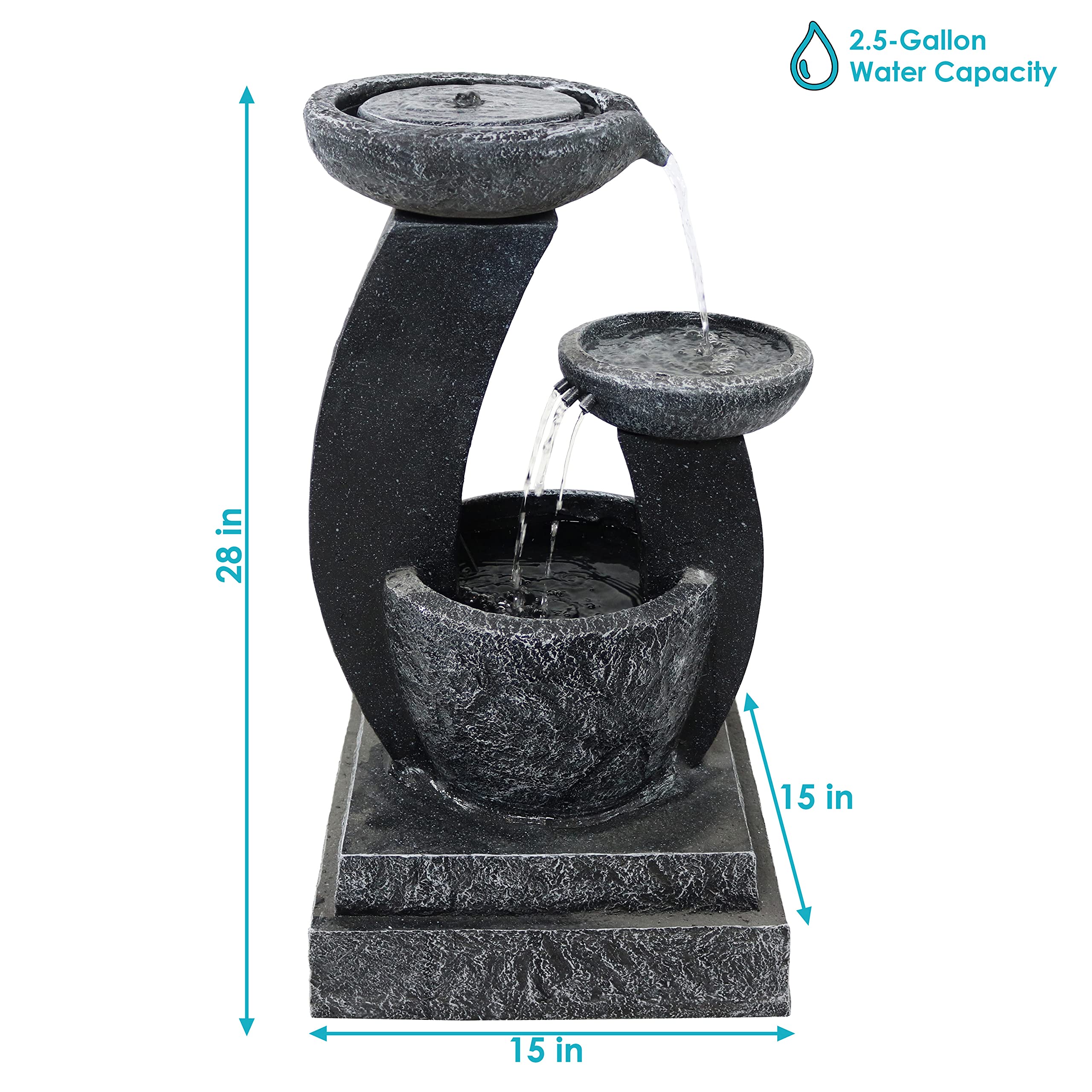 Sunnydaze 28-Inch Modern Solar Water Fountain with Cascading Bowls, Battery Backup & LED Lights - Outdoor Garden Decor, Patio, Yard Feature with Submersible Pump for Relaxing Ambience