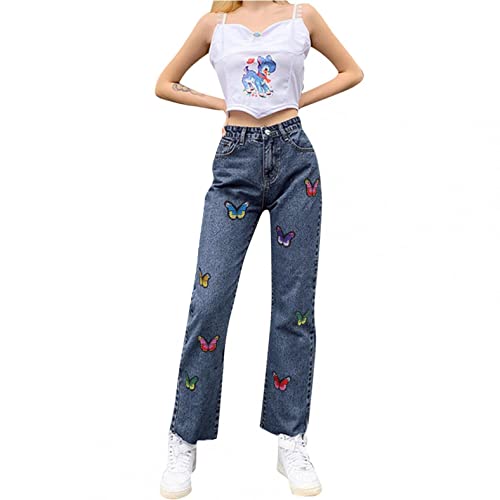 AIouios Women's High Waisted Patchwork Jeans - Straight Leg Stretch Pants with Color Block Design | Fashionable Denim for Casual Wear, Office & Night Out