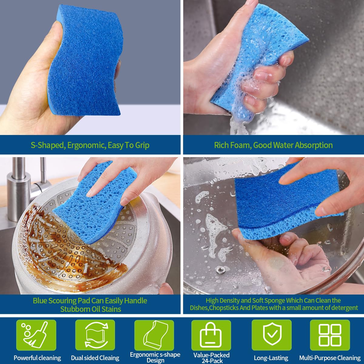 24-Pack Heavy Duty Scrub Sponges | Non-Scratch Dish & Kitchen Cleaning Sponges | Perfect for Pots, Pans, Countertops & Tough Stains