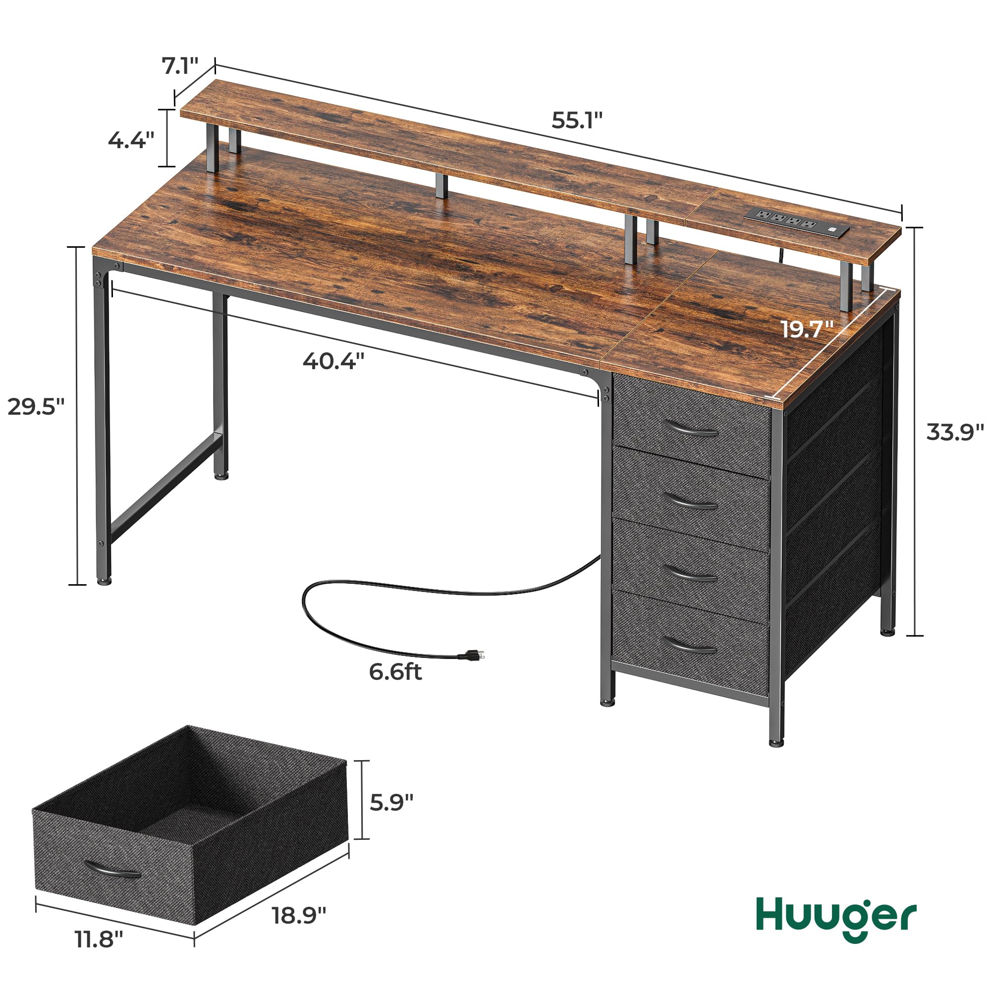 Huuger 55 Inch Gaming Computer Desk with Power Outlets & LED Lights, Home Office Desk with 4 Drawers & Monitor Stand, Rustic Brown Study Work Desk for Gaming, Remote Work & Home Office Setup