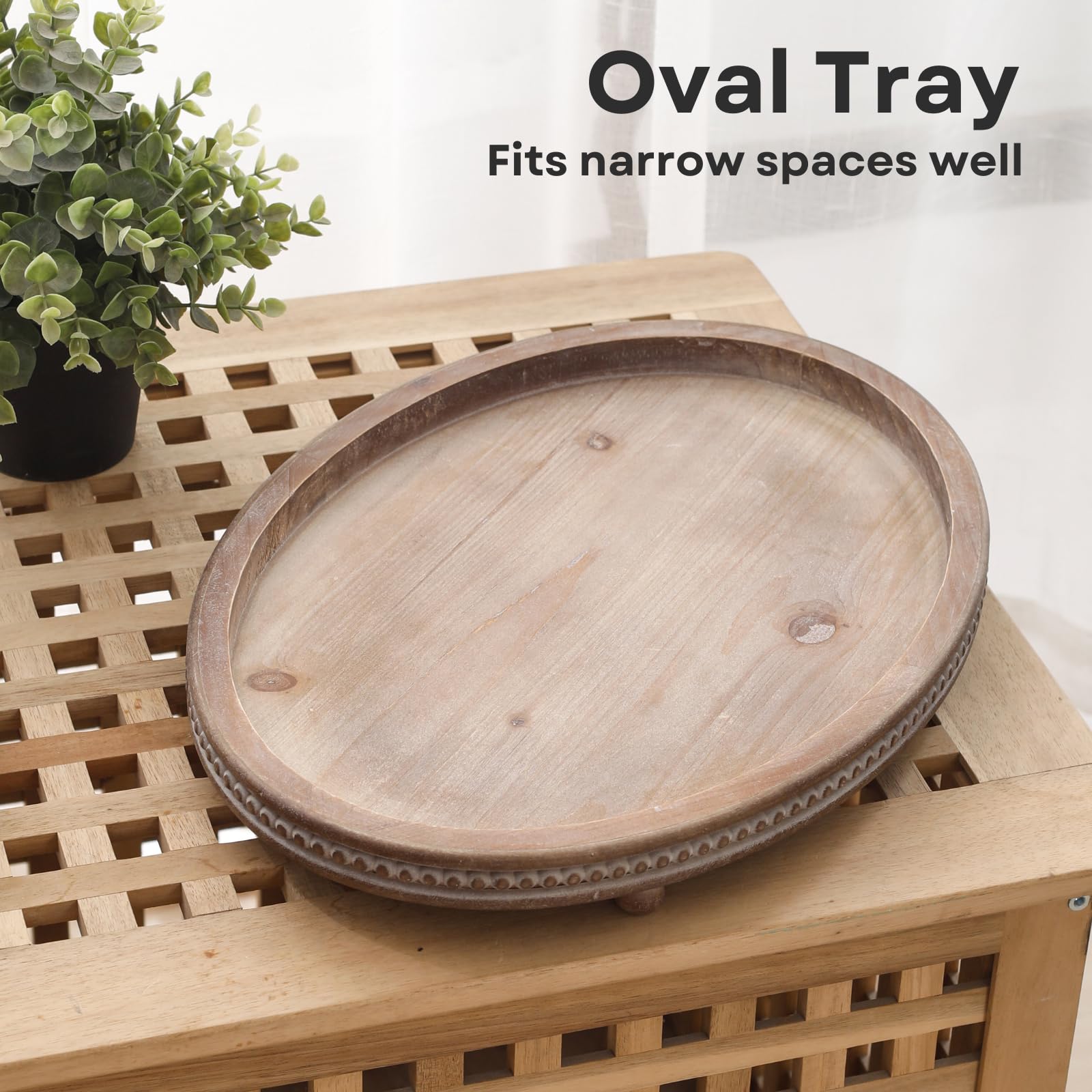 Handmade Distressed Brown Oval Wooden Tray with Beaded Edge - Rustic Home Decor for Coffee Table, Kitchen, Dining Table & Entryway - Perfect for Holiday Decorations & Gift Giving