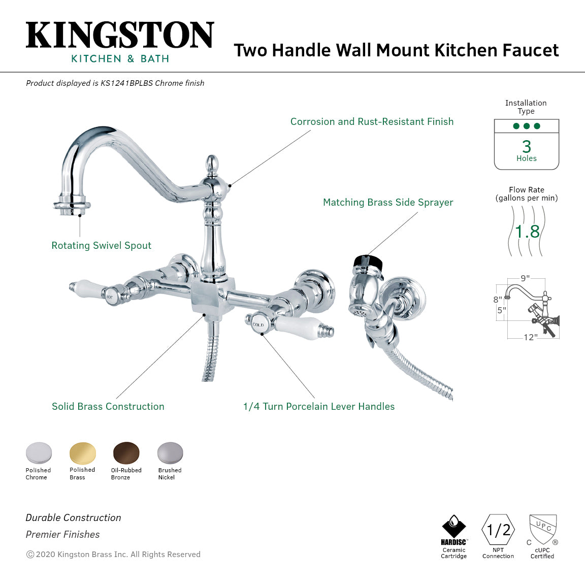 Bel Air KS1241BPLBS Double Handle 3-Hole Wall Mount Bridge Kitchen Faucet with Brass Sprayer - Polished Chrome Finish for Modern Farmhouse & Commercial Kitchens