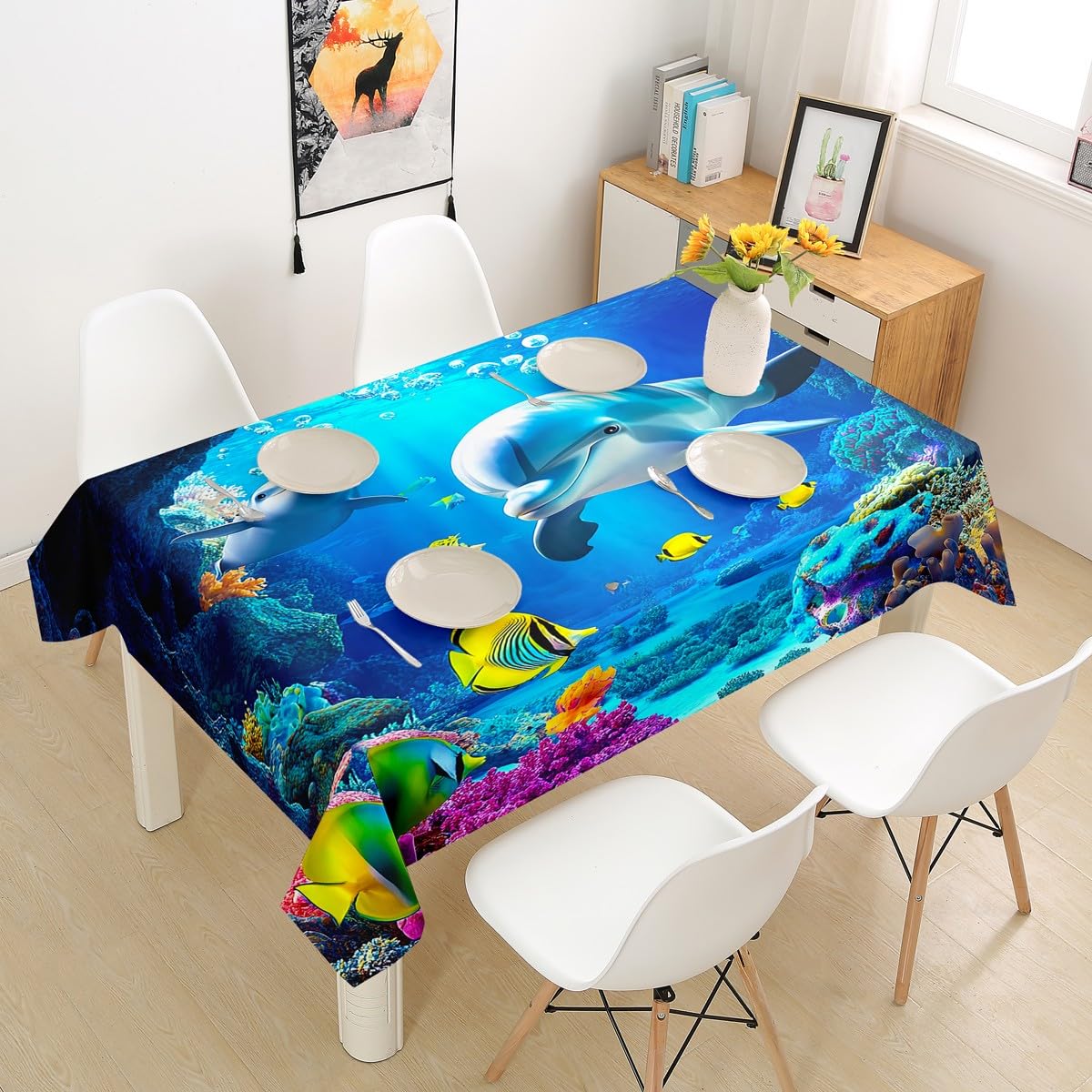 Erosebridal 55 Inch Round 3D Dolphin Tablecloth - Coral Sealife Ocean Theme Table Cover for Kids Birthday Party, Underwater World Decor, Blue Fish Marine Life Picnic Table Accessories | Perfect for Beach Themed Parties, Baby Showers & Outdoor Dining