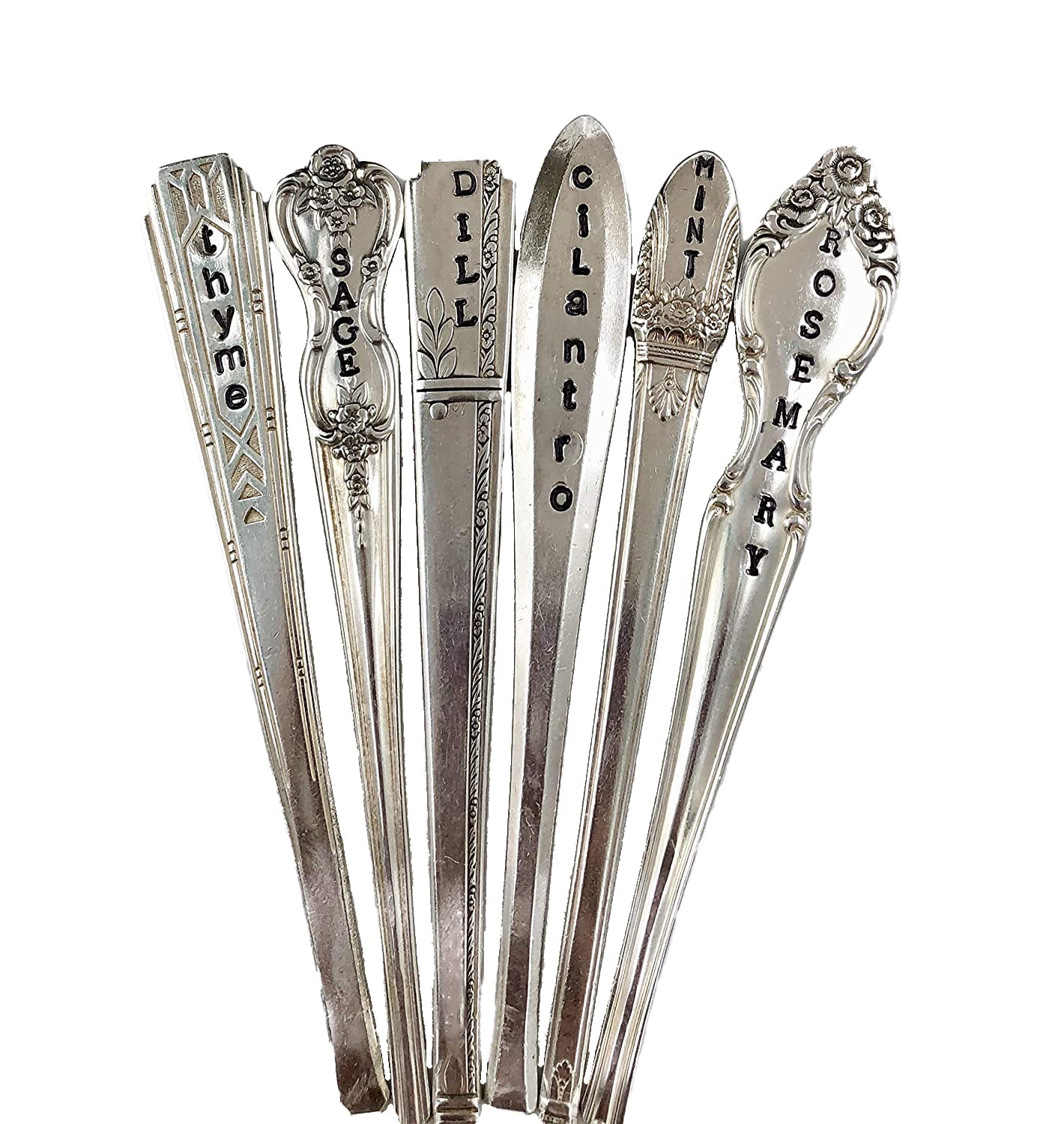 6-Piece Herb Marker Set - Silver Plated Spoon Handles, Hand-Stamped & Recycled - Unique Garden Markers for Herbs, Plants & Gardening Gifts