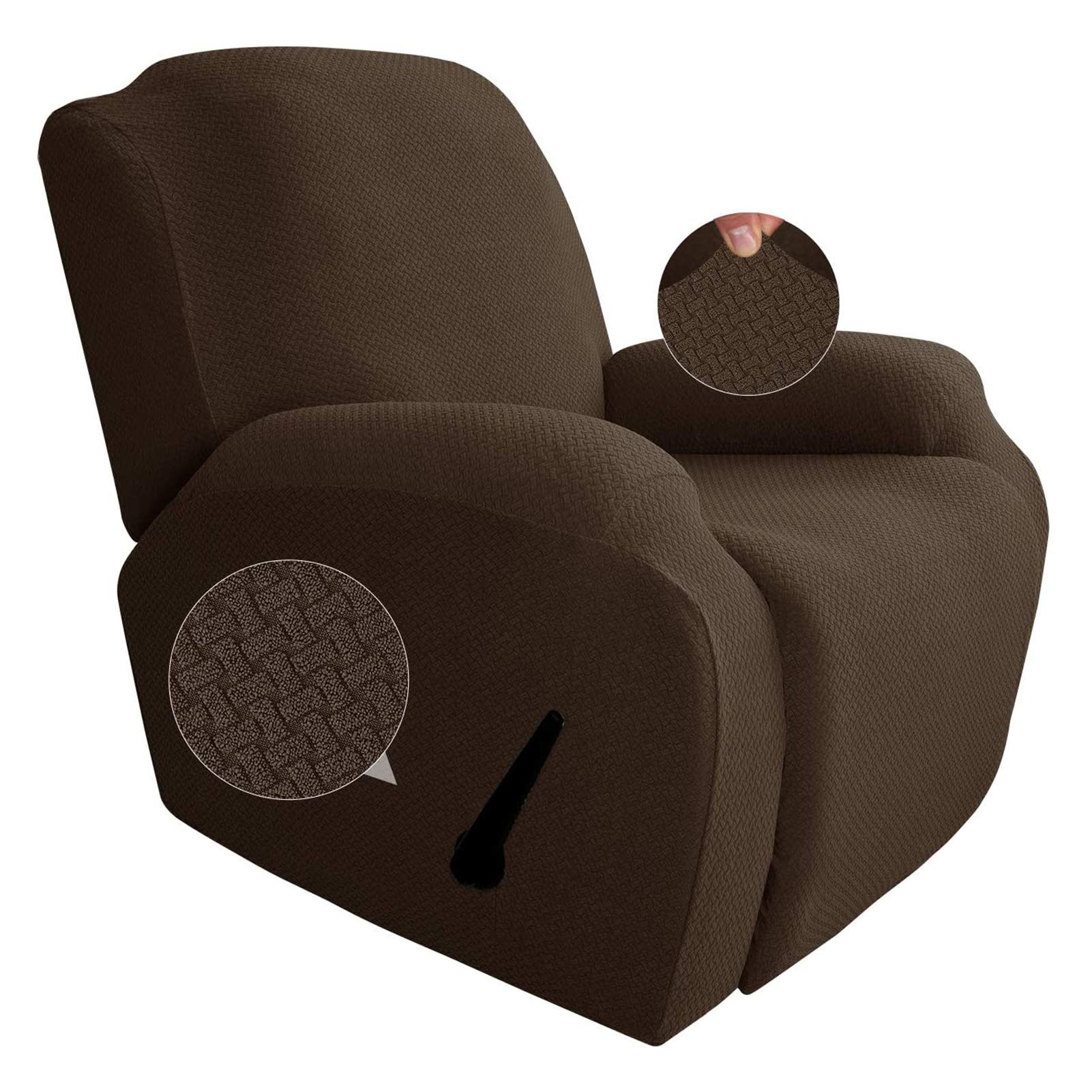 Stretch Recliner Slipcover Sofa Cover - 4-Piece Jacquard Fabric Recliner Chair Covers with Elastic Bottom, Dark Coffee Furniture Protector for Living Room, Family Room & Home Theater Seating