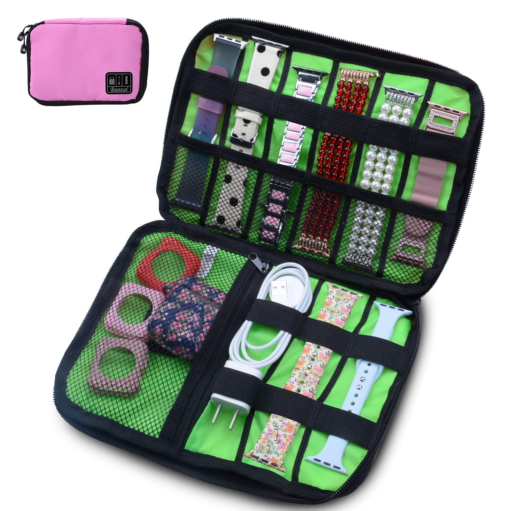 Waterproof Smart Watch Bands Organizer Bag - Portable Travel Electronics Accessories Case for Watch Straps, Chargers, Cables, Headphones & SD Cards (Pink) | Perfect for Travel, Gym & Daily Storage