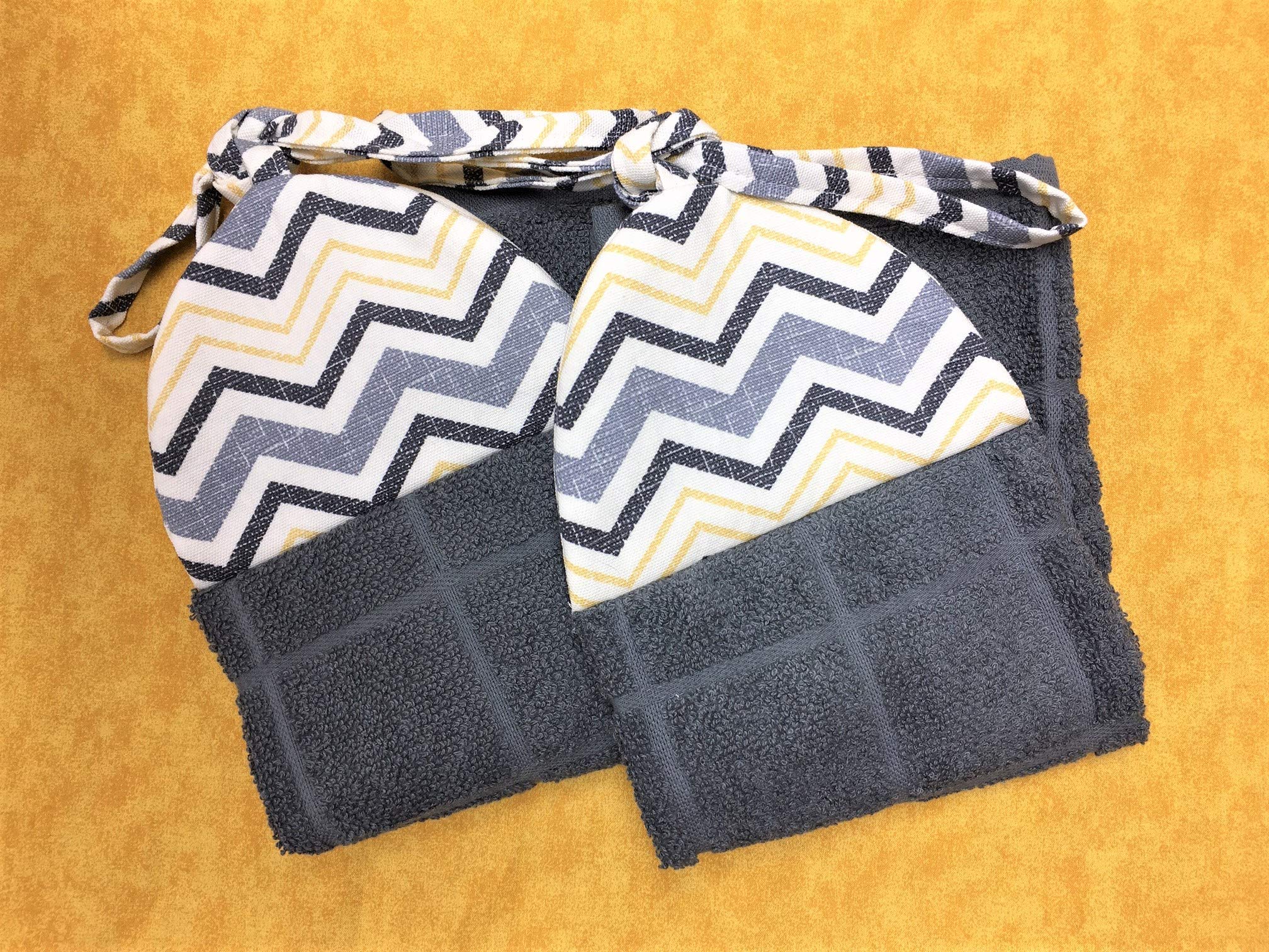 2-Pack Chevron Kitchen Towels - Gray, Yellow & Black Stripes - Stay-Put Hanging Loop - Absorbent Dish Towels for Cooking, Cleaning & Decor