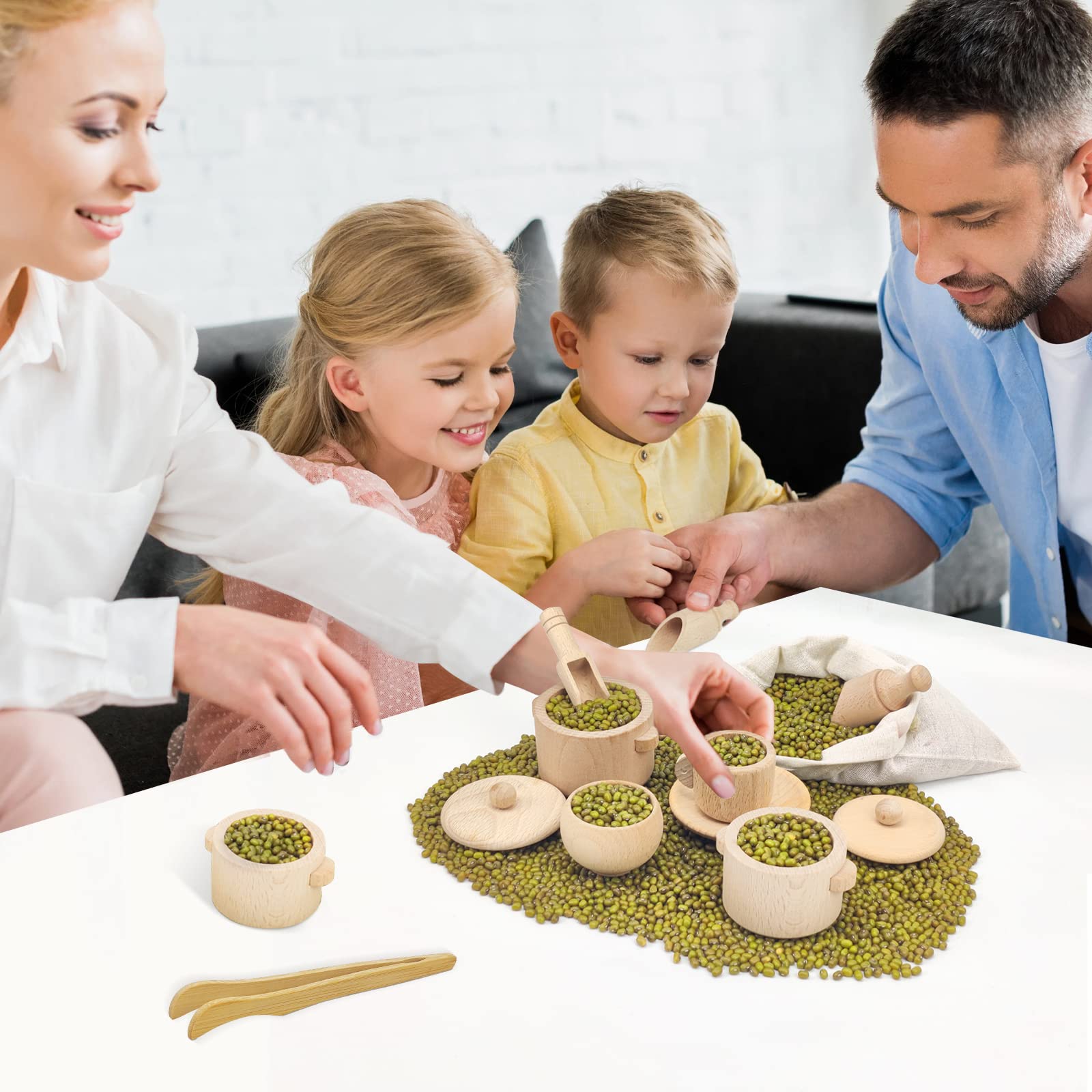 Wooden Sensory Bin Tools for Toddlers 3+ - Montessori Learning Toys with Wooden Bowls, Scoop, Tongs & Pouring Set for Fine Motor Skills Development - Pretend Play Kitchen & Sensory Activity for Preschoolers