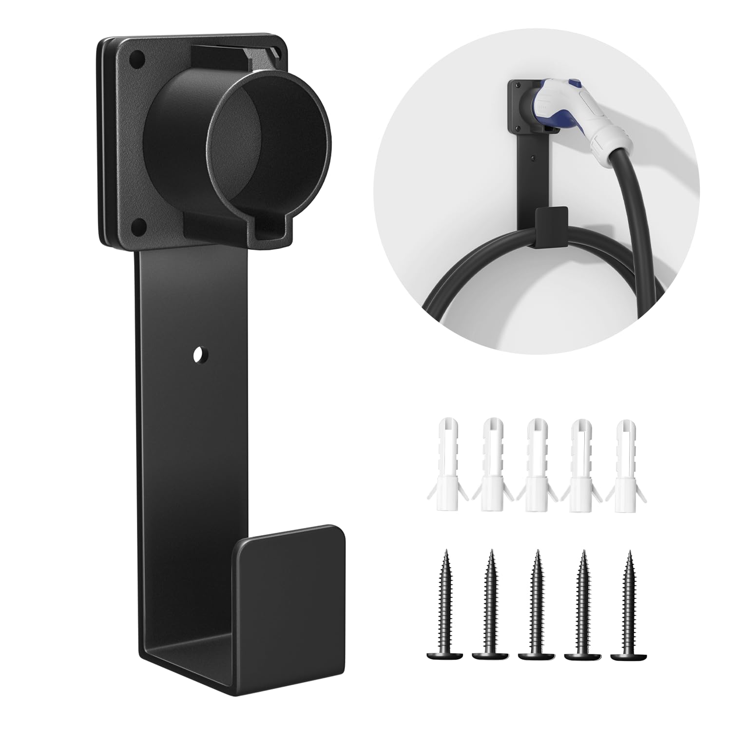 J1772 EV Charger Holder - Wall Mount Nozzle Holster Dock & J-Hook Combo for Electric Vehicle Charging Cable Organization - Perfect for Home Garage & Public Charging Stations