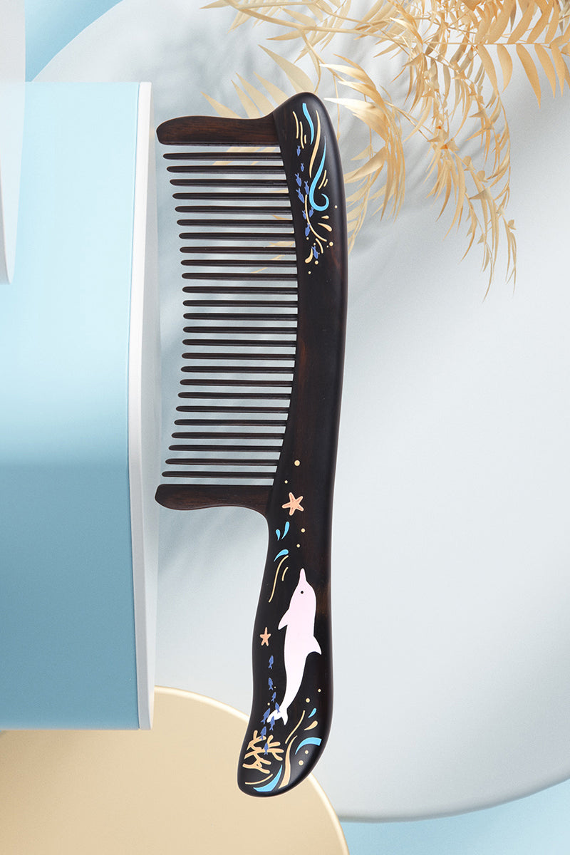 Premium Dolphin-Shaped Long Handle Wooden Hair Comb for Detangling & Styling - Perfect for Home, Travel, and Salon Use