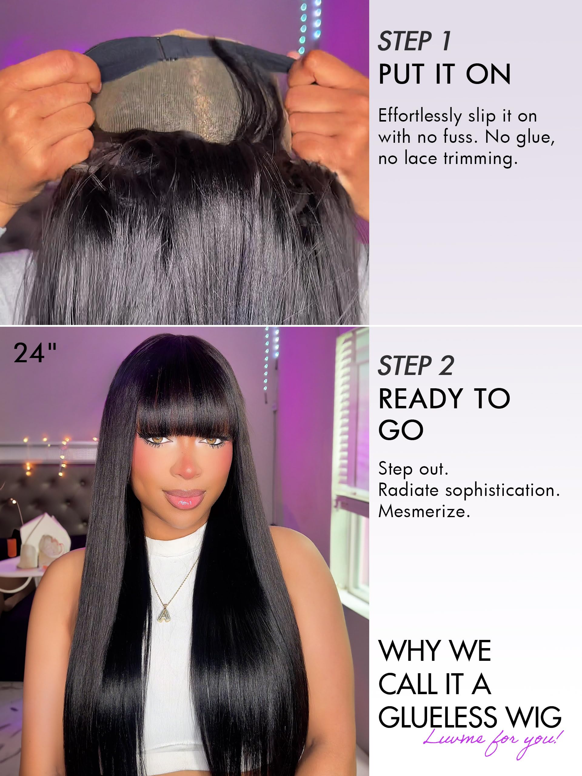 LUVME HAIR 16 Inch Yaki Straight Human Hair Wig with Bangs | Glueless Ready-to-Wear Wig | Ultra Natural Minimalist Lace Front Wig (Breathable Cap) for Everyday Wear, Cosplay & Special Occasions