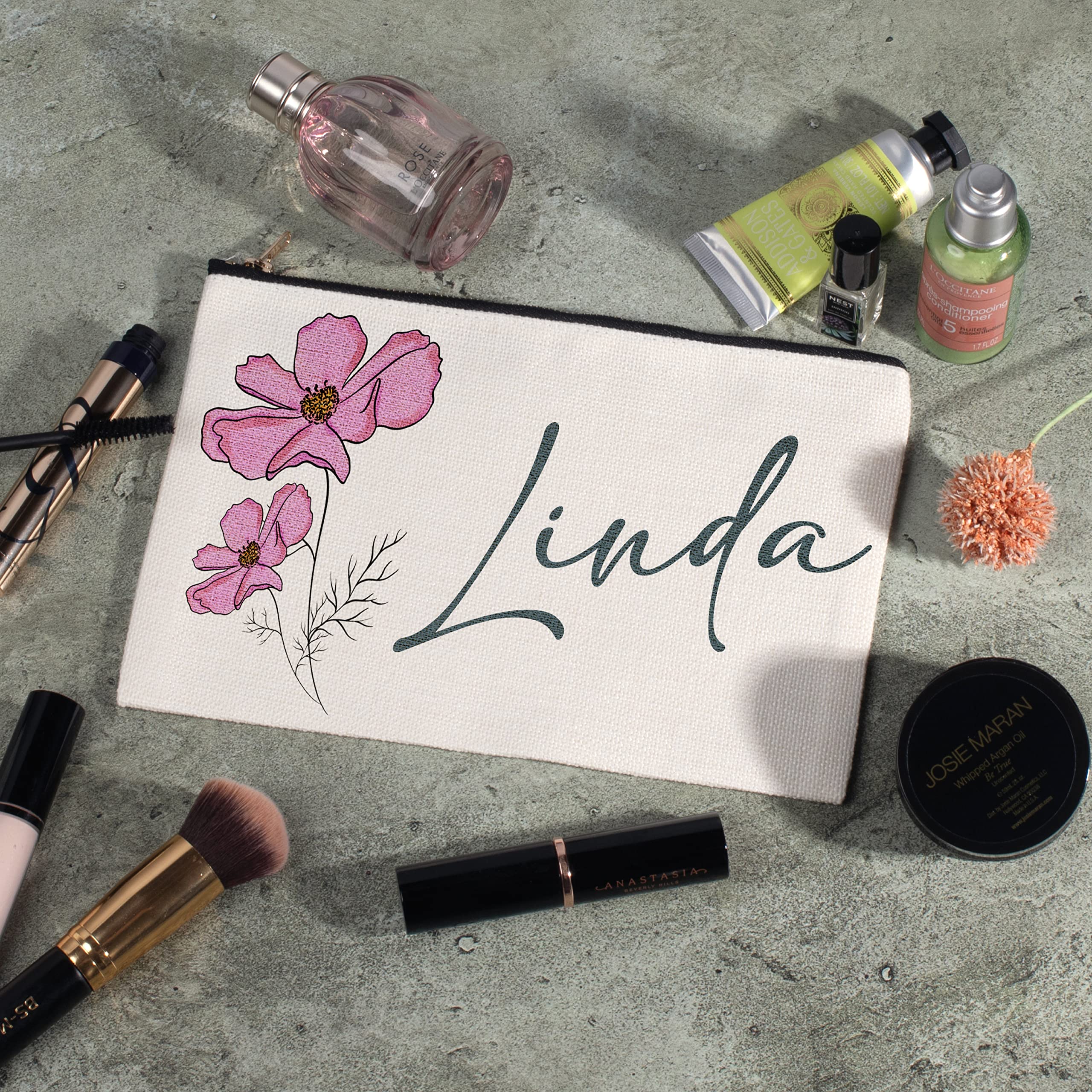 Personalized Makeup Bag for Women with Custom Name & Birth Flower - Large Travel Cosmetic Pouch (9.5x6