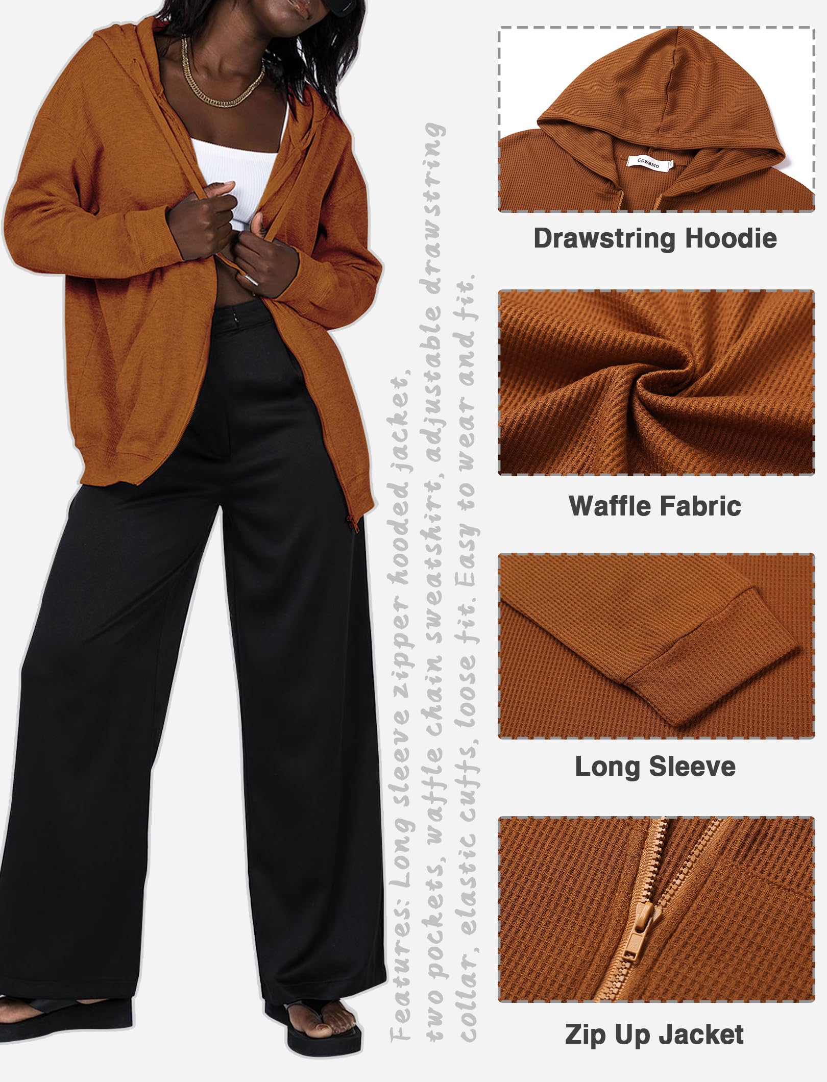 Cowasto Women's Waffle Knit Zip Up Hoodie - Casual Long Sleeve Drawstring Jacket with Hood | Perfect for Fall Layering, Outdoor Activities & Cozy Loungewear